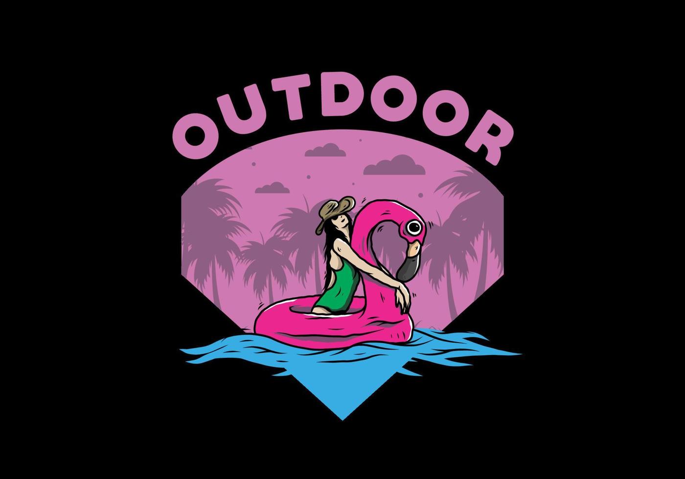 Girl wearing beach hat in an inflatable lifebuoy Flamingo illustration vector