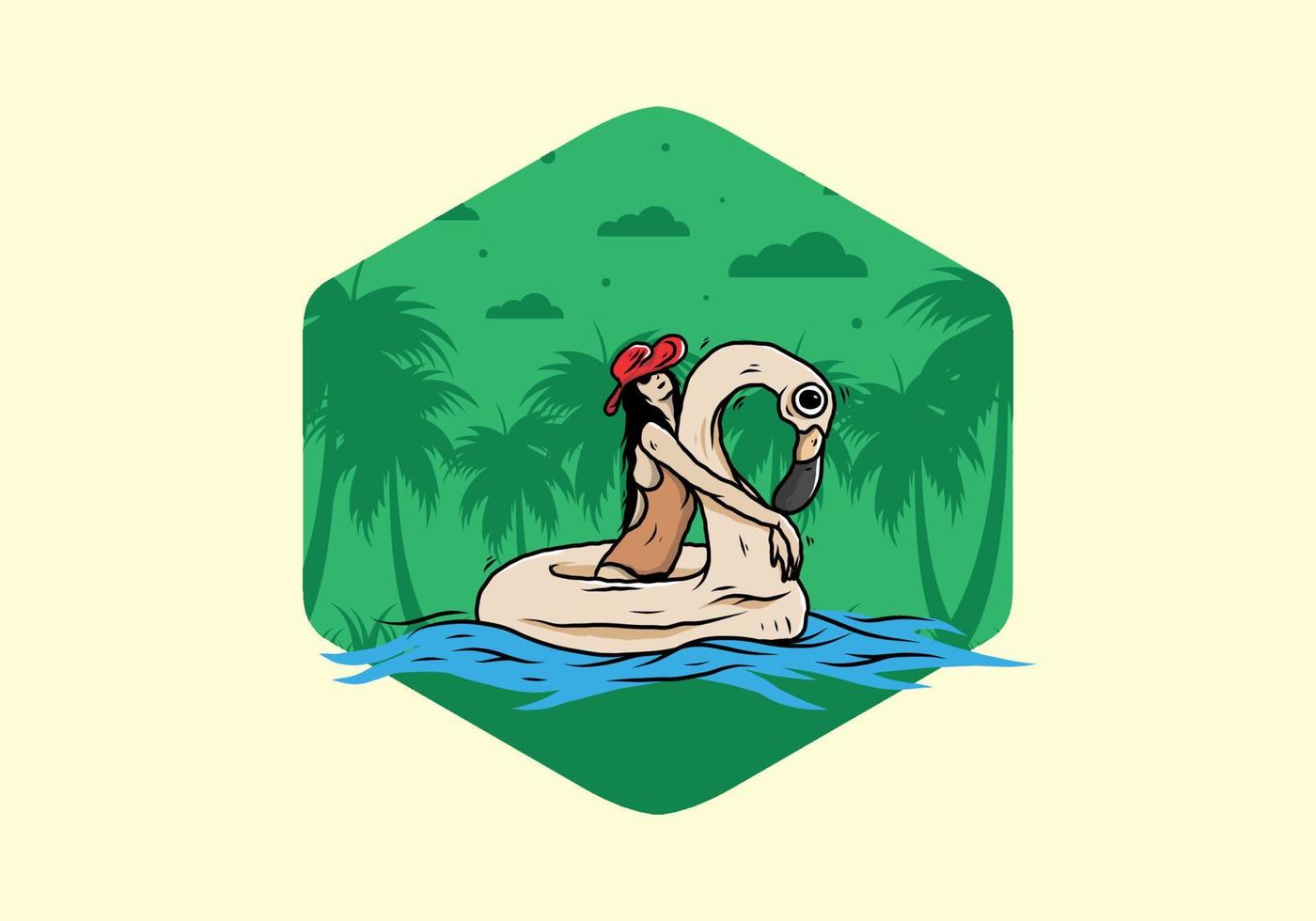 Girl wearing beach hat in an inflatable lifebuoy Flamingo illustration vector