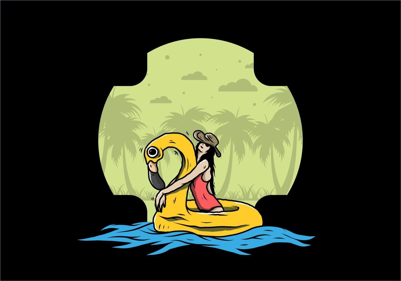 Girl wearing beach hat in an inflatable lifebuoy Flamingo illustration vector