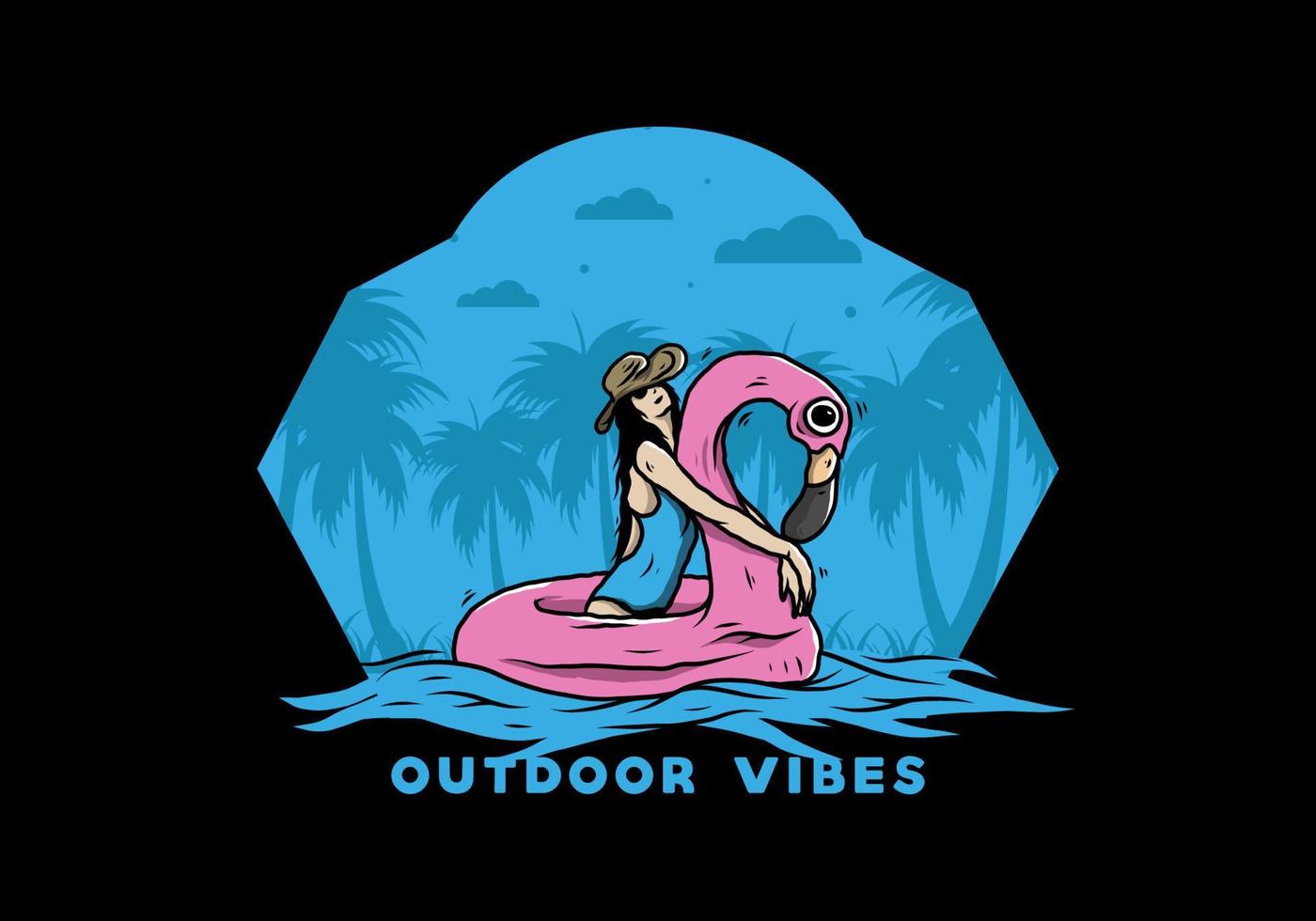 Girl wearing beach hat in an inflatable lifebuoy Flamingo illustration vector