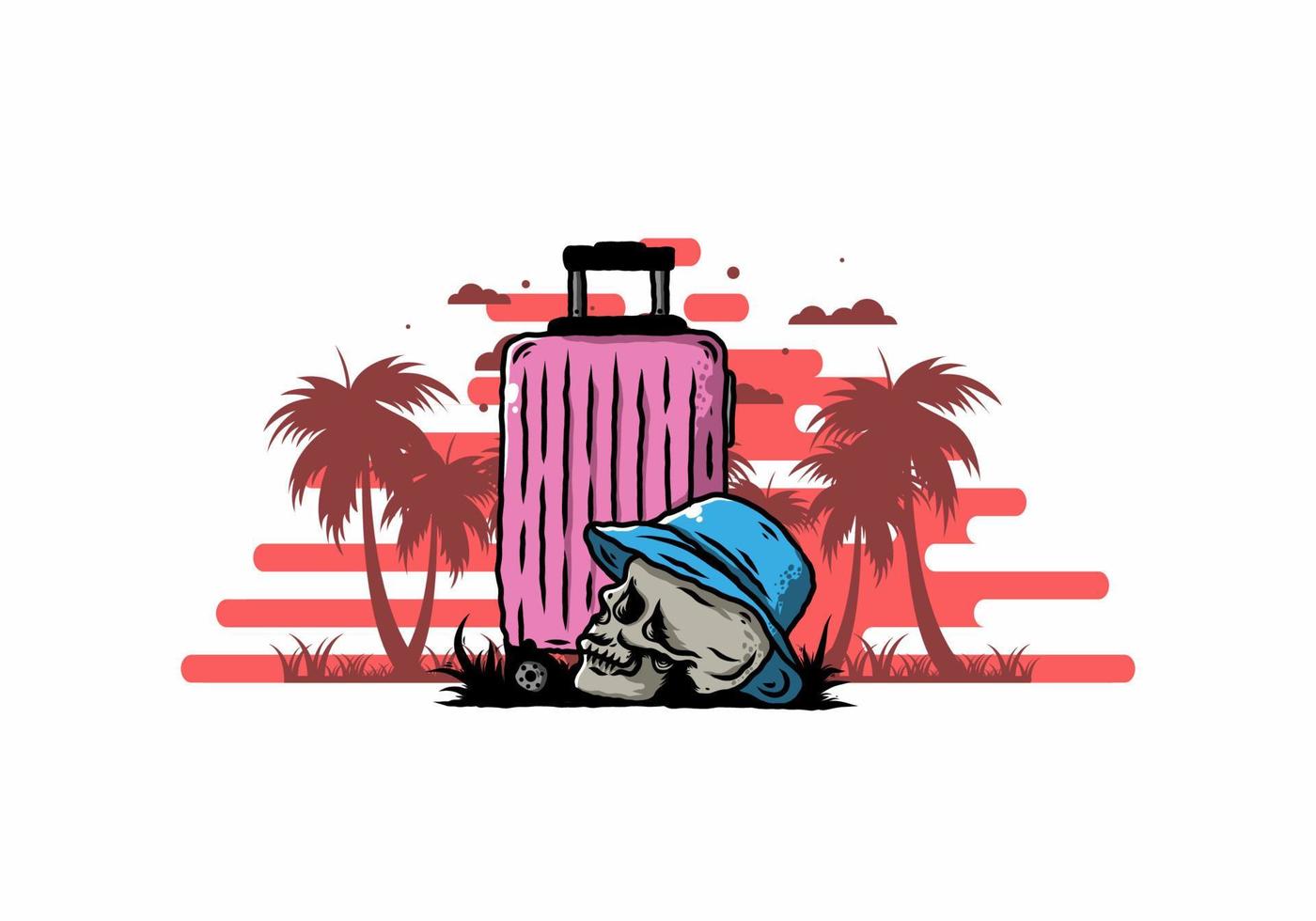 skull head wearing a hat under a traveling suitcase illustration vector