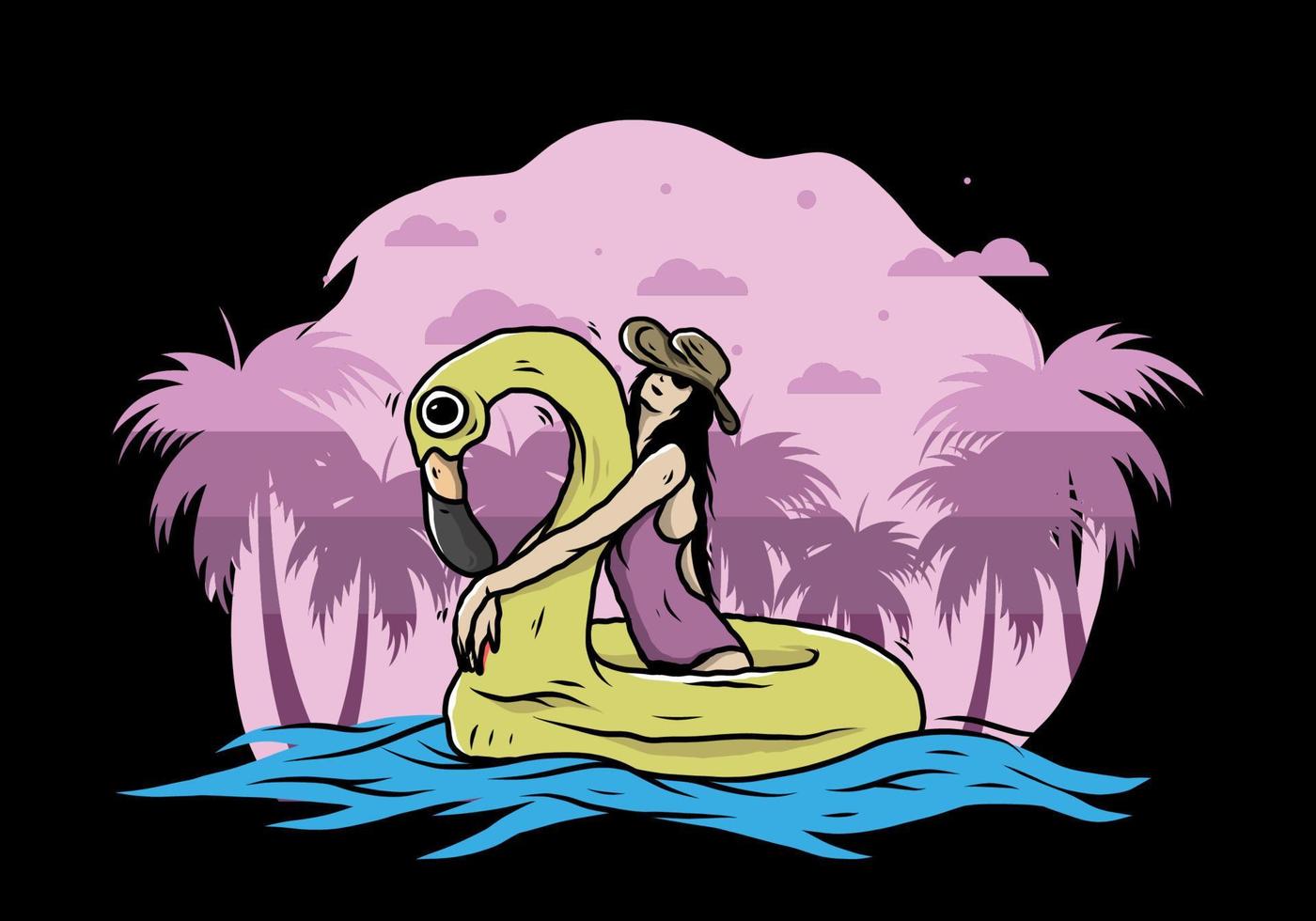 Girl wearing beach hat in an inflatable lifebuoy Flamingo illustration vector