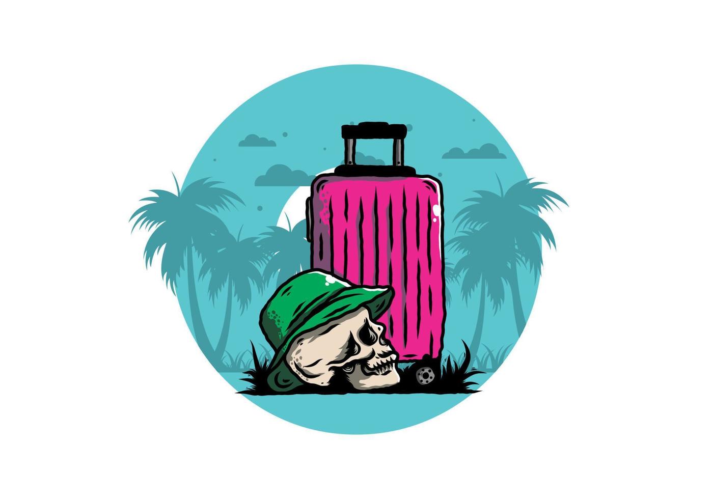 skull head wearing a hat under a traveling suitcase illustration vector