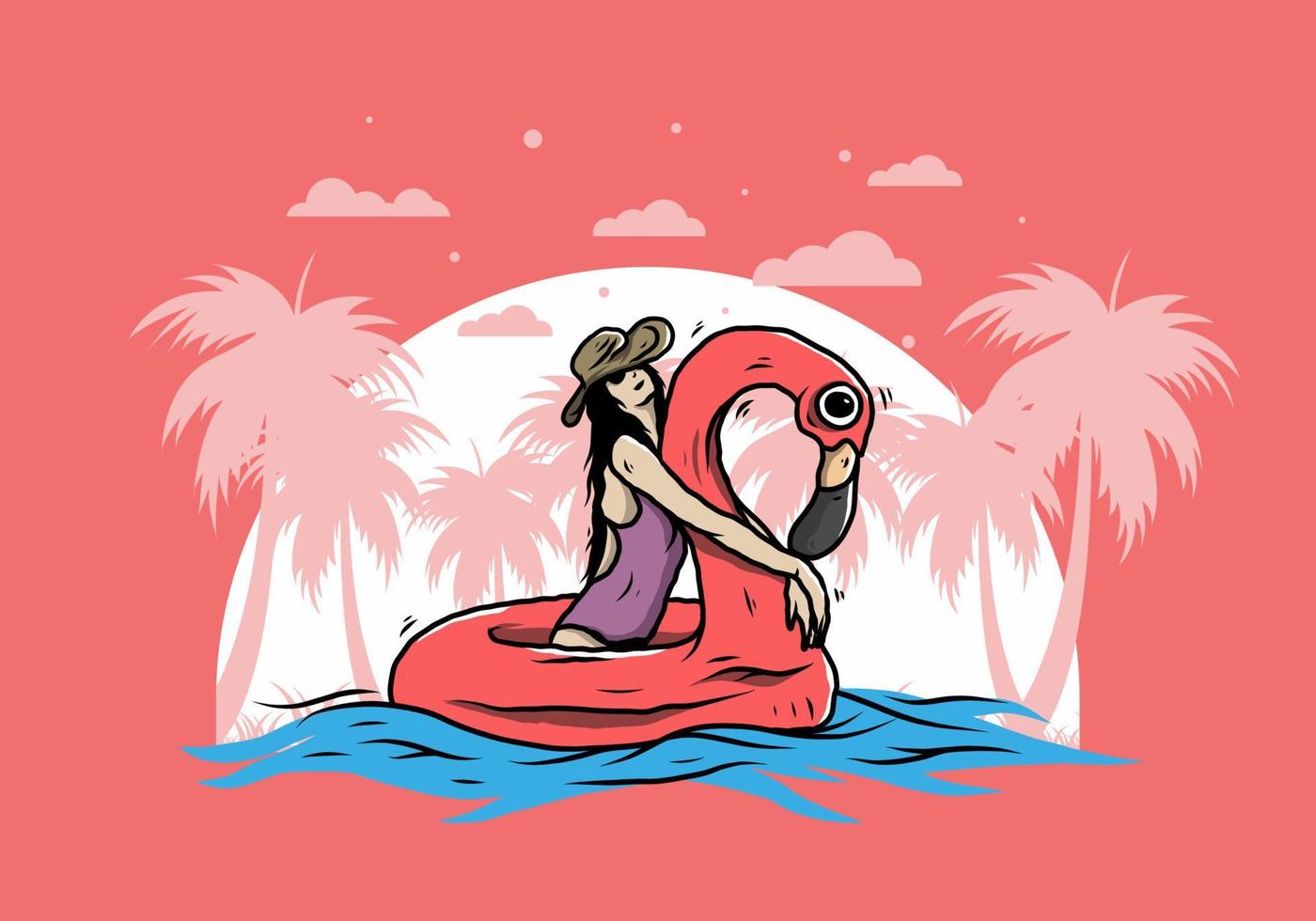 Girl wearing beach hat in an inflatable lifebuoy Flamingo illustration vector