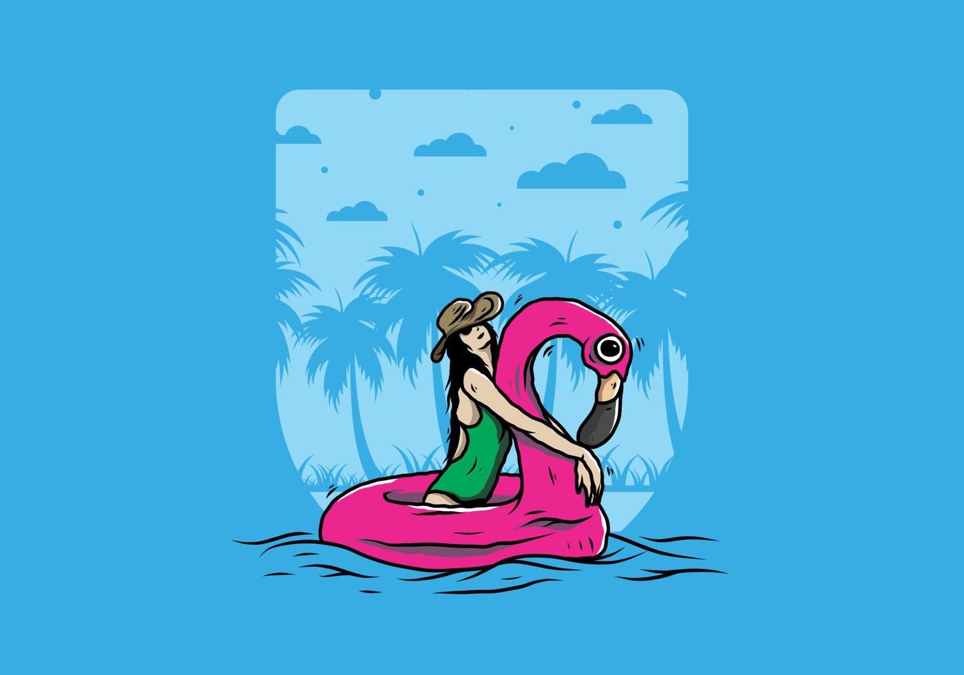 Girl wearing beach hat in an inflatable lifebuoy Flamingo illustration vector