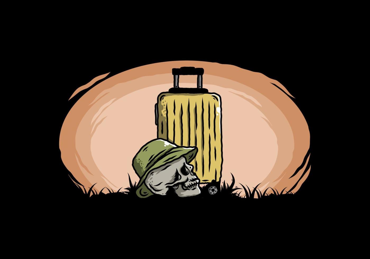 skull head wearing a hat under a traveling suitcase illustration vector