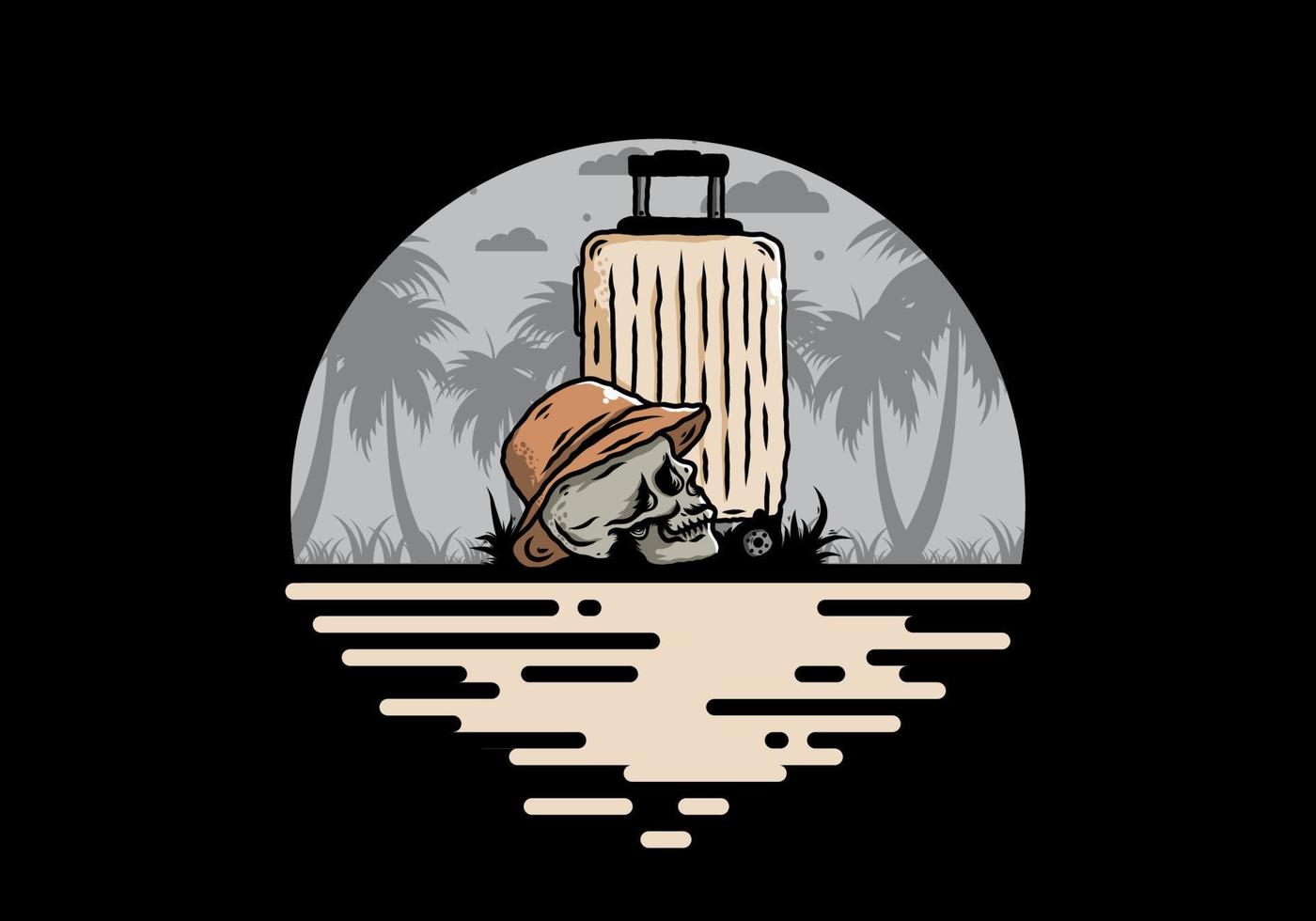 skull head wearing a hat under a traveling suitcase illustration vector