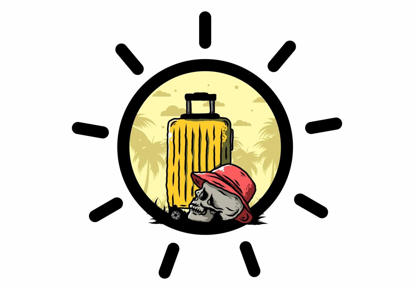 skull head wearing a hat under a traveling suitcase illustration vector