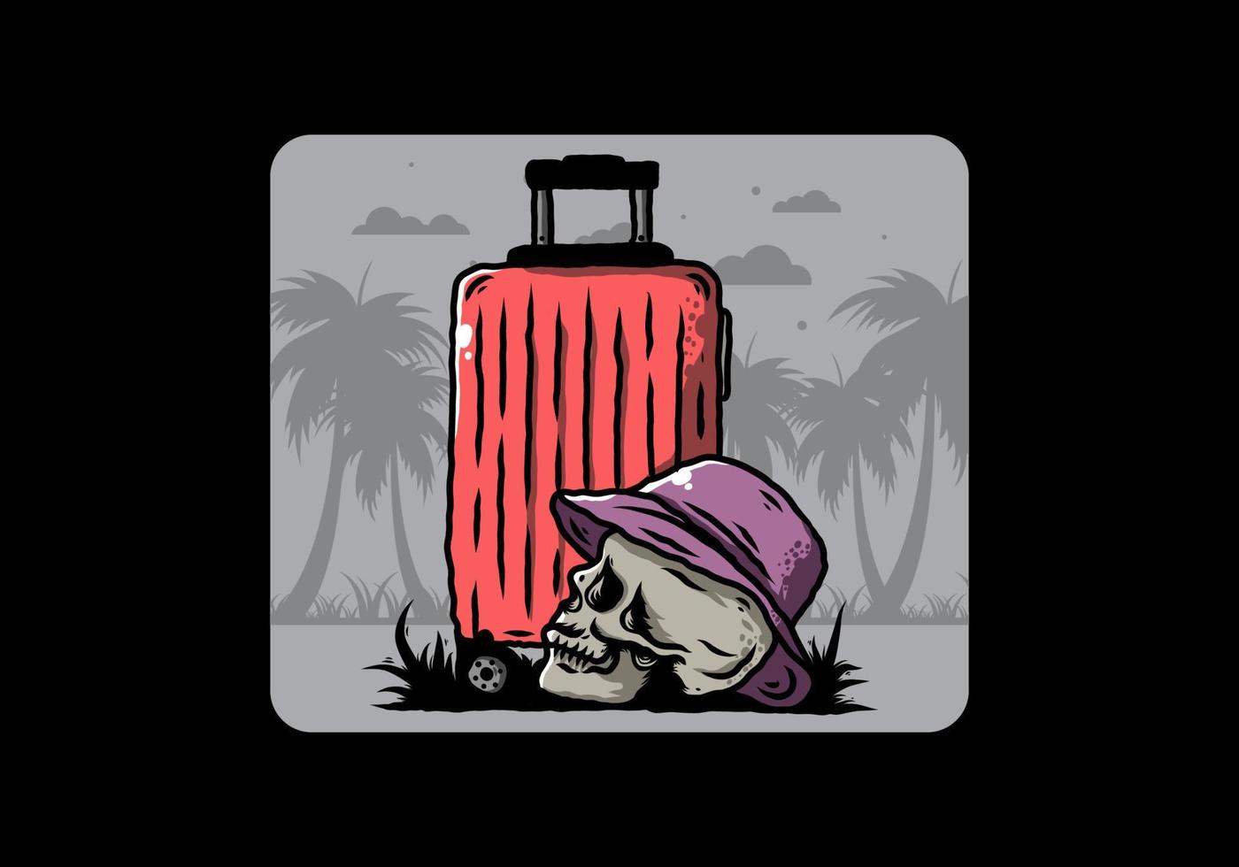 skull head wearing a hat under a traveling suitcase illustration vector