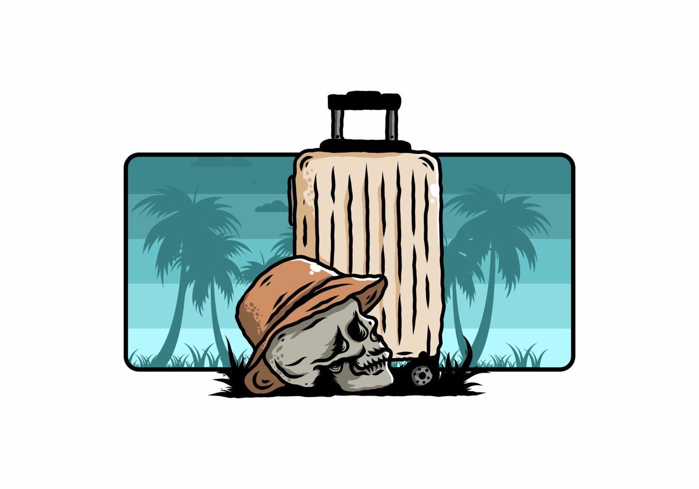 skull head wearing a hat under a traveling suitcase illustration vector
