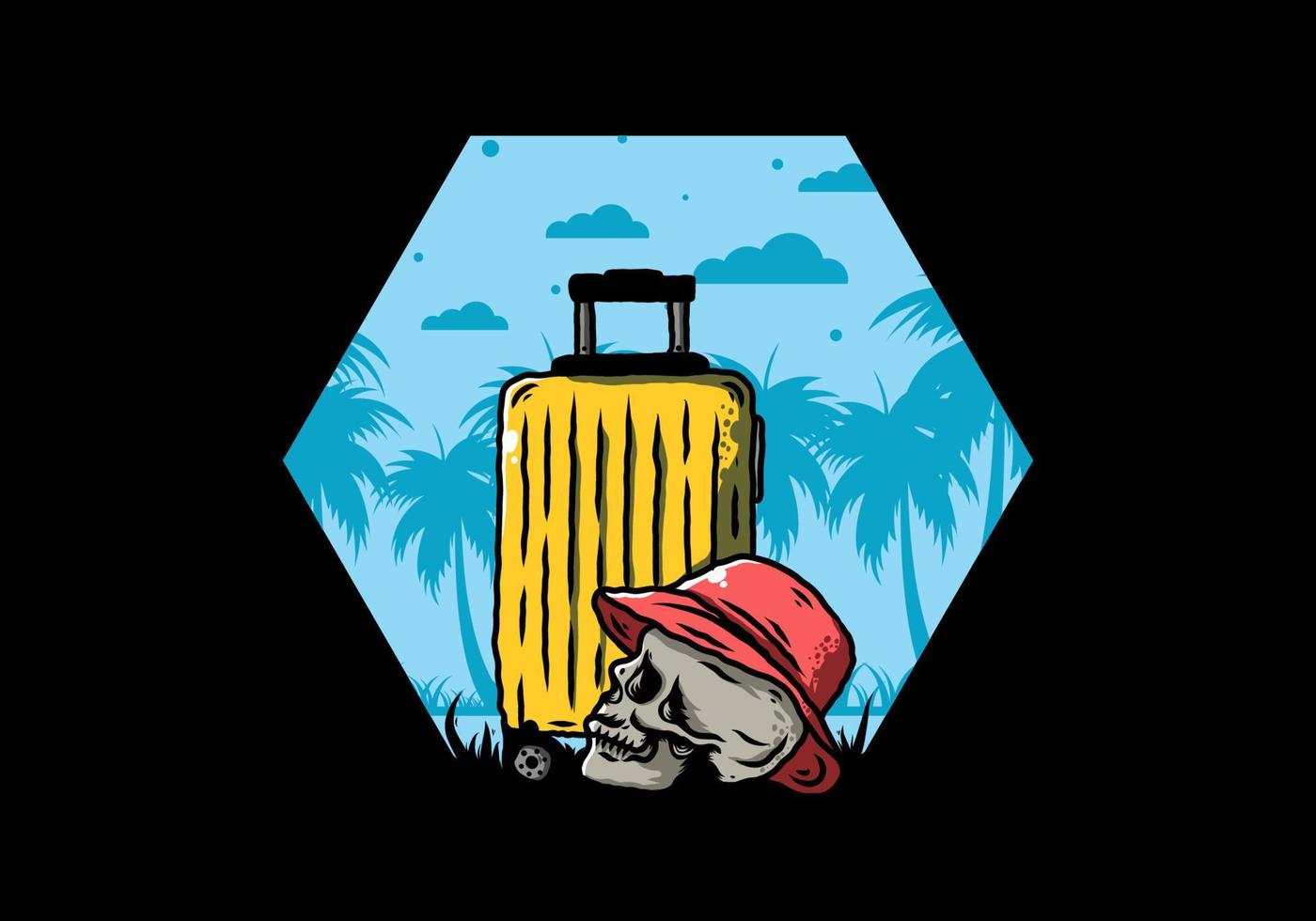 skull head wearing a hat under a traveling suitcase illustration vector