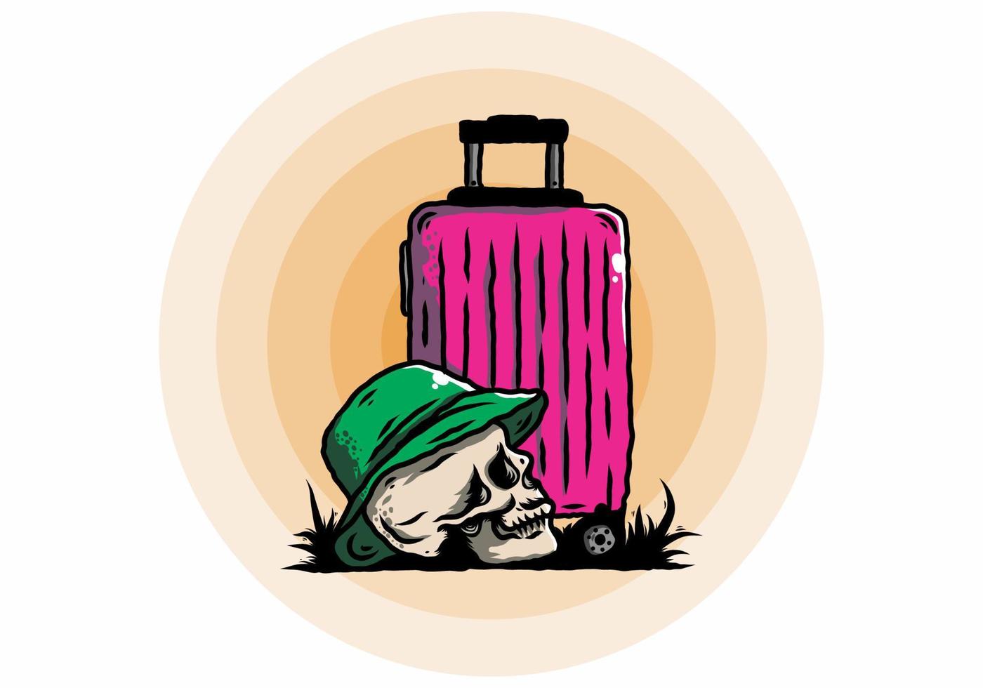 skull head wearing a hat under a traveling suitcase illustration vector