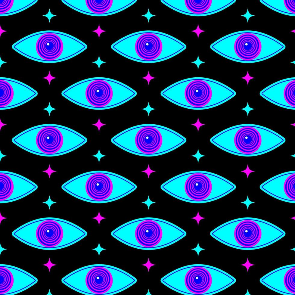 70s psychedelic trippy eye pattern. Acid rave print for graphic tee in y2k style vector