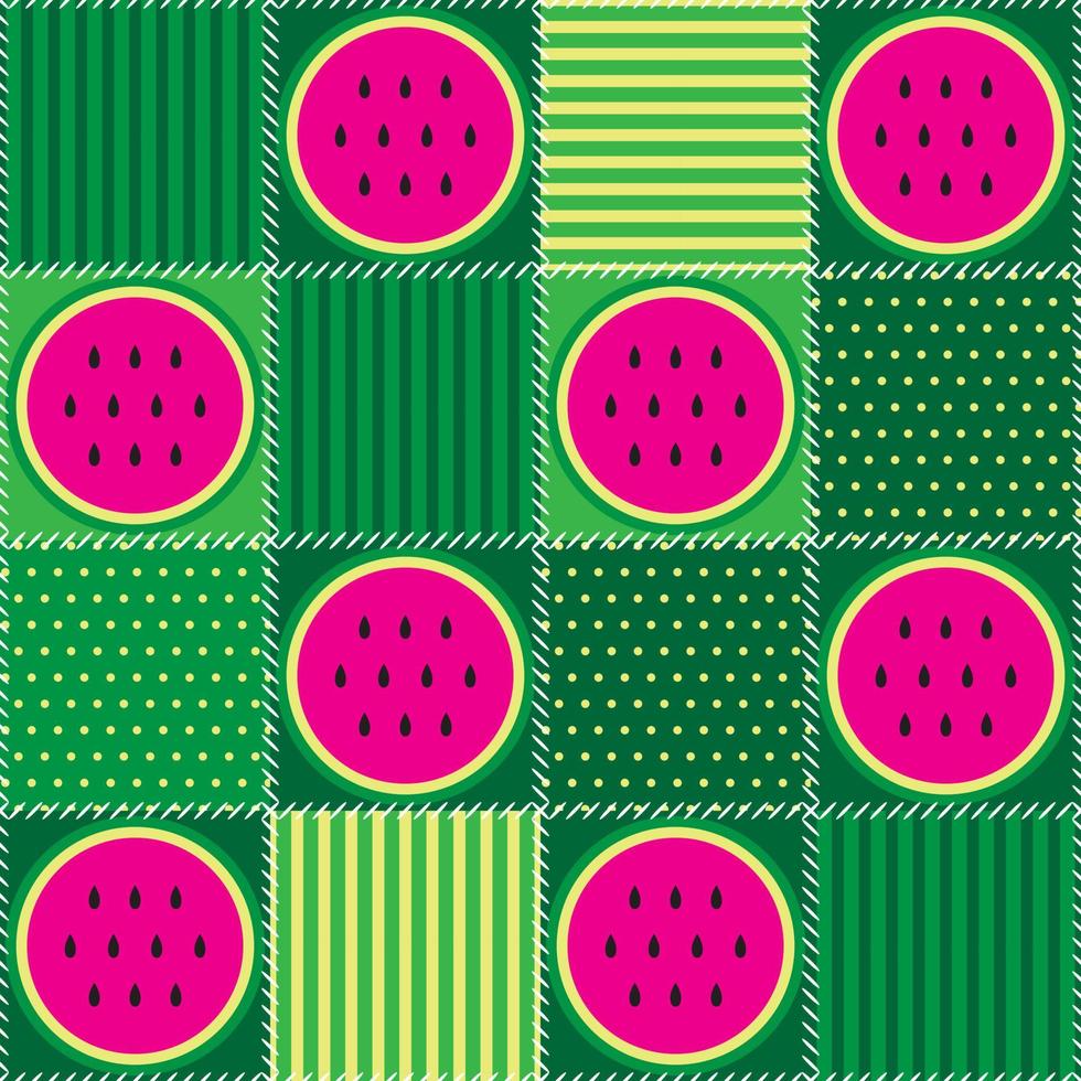 Watermelon mosaic pattern green tile. Colorful patchwork for tablecloth, oilcloth or other textile design. Quilt design from stitched squares. vector