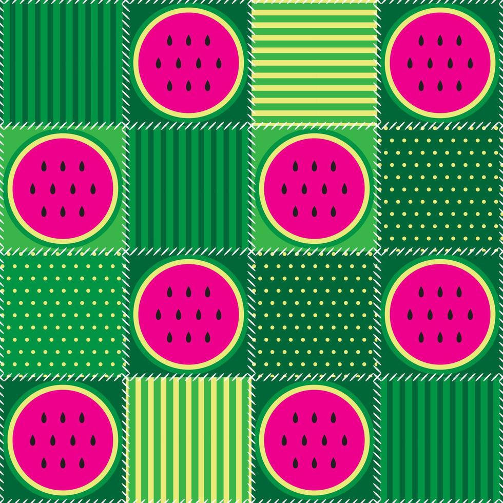 Watermelon mosaic pattern green tile. Colorful patchwork for tablecloth, oilcloth or other textile design. Quilt design from stitched squares. vector