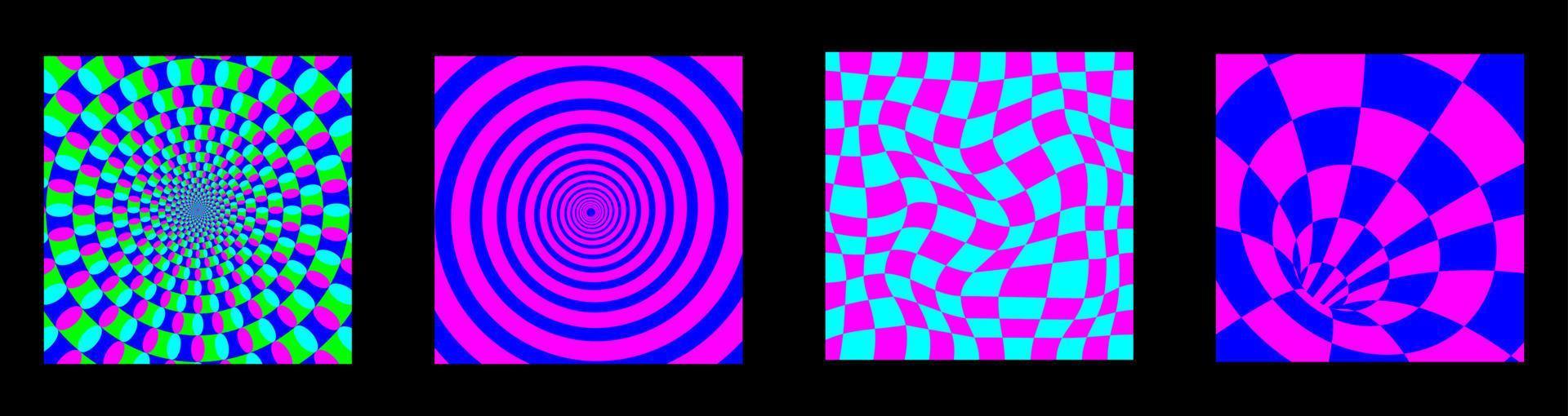 Acid rave psychedelic background set. Y2k banners, optical illusion art vector