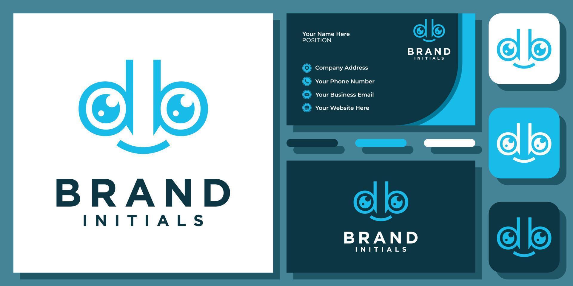 Initials Letter BD DB Eye Lens Vision Optical Look See Smile Happy Monogram Logo Design with Business Card vector