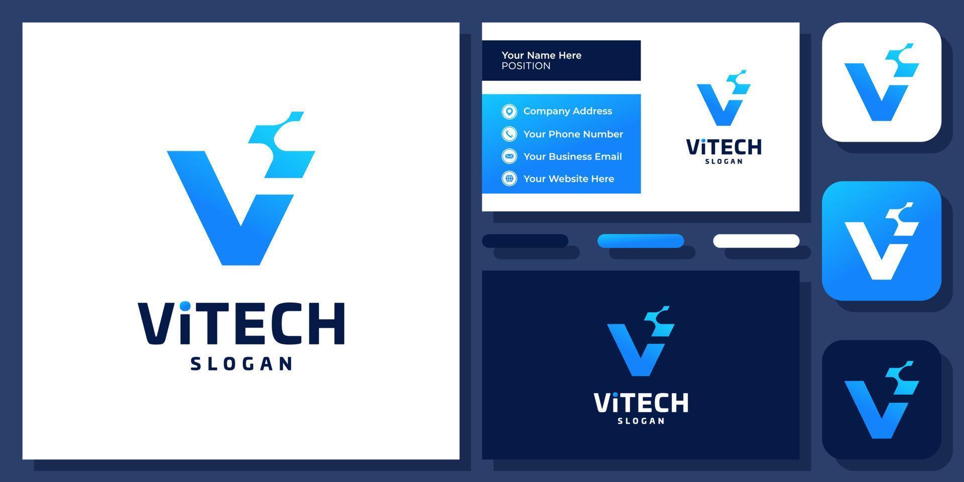 Initials Letter VI V I Technology Digital Connect Connection Monogram Vector Logo Design with Business Card