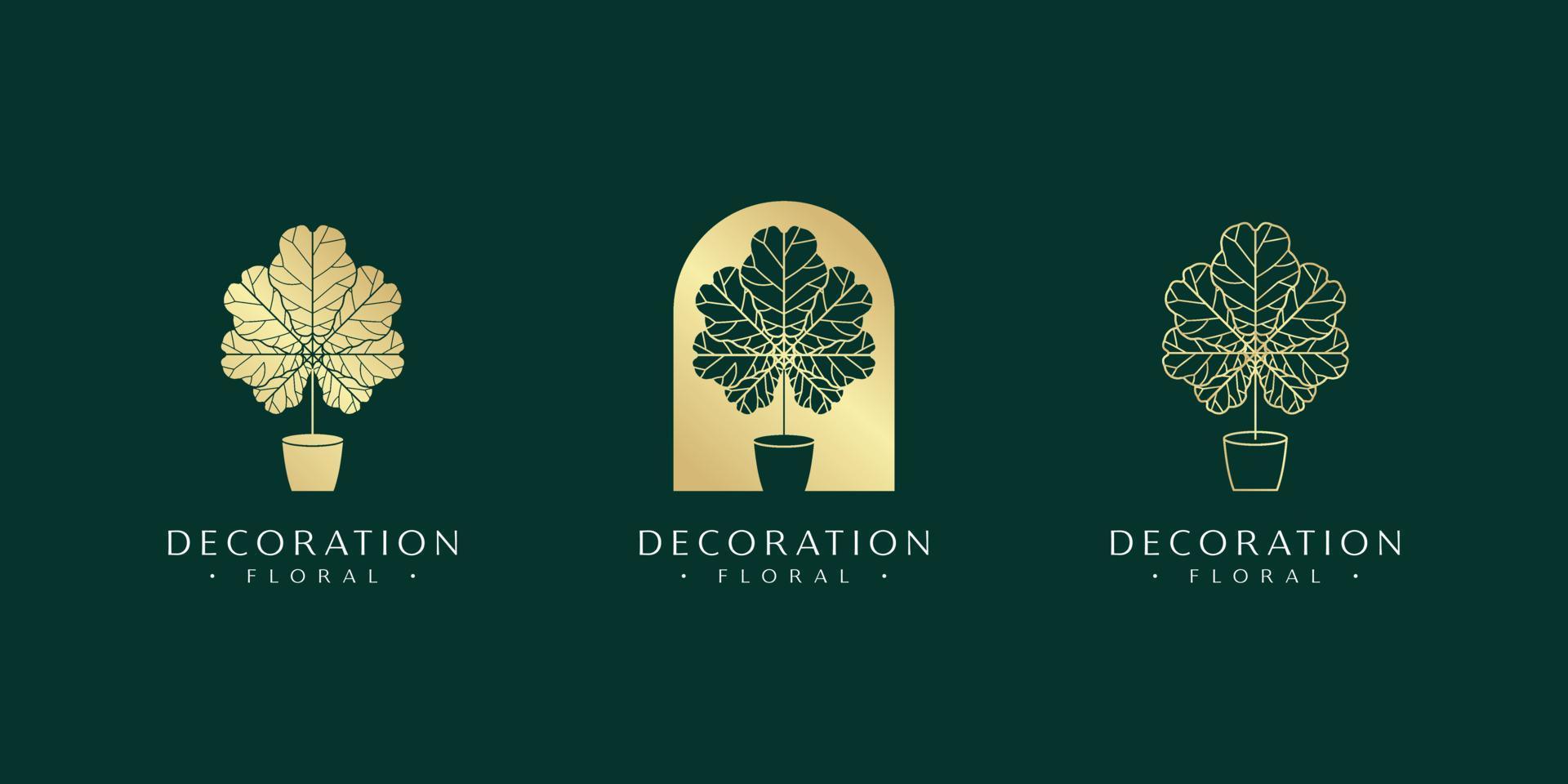Decorative Plant Leaf Floral Interior Golden Color Branch Tree Vector Logo Design