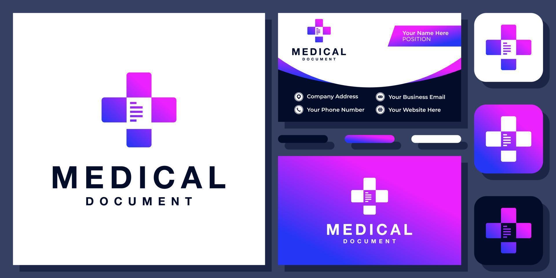Medical Plus Document File Negative Space Medicine Hospital Vector Logo Design with Business Card