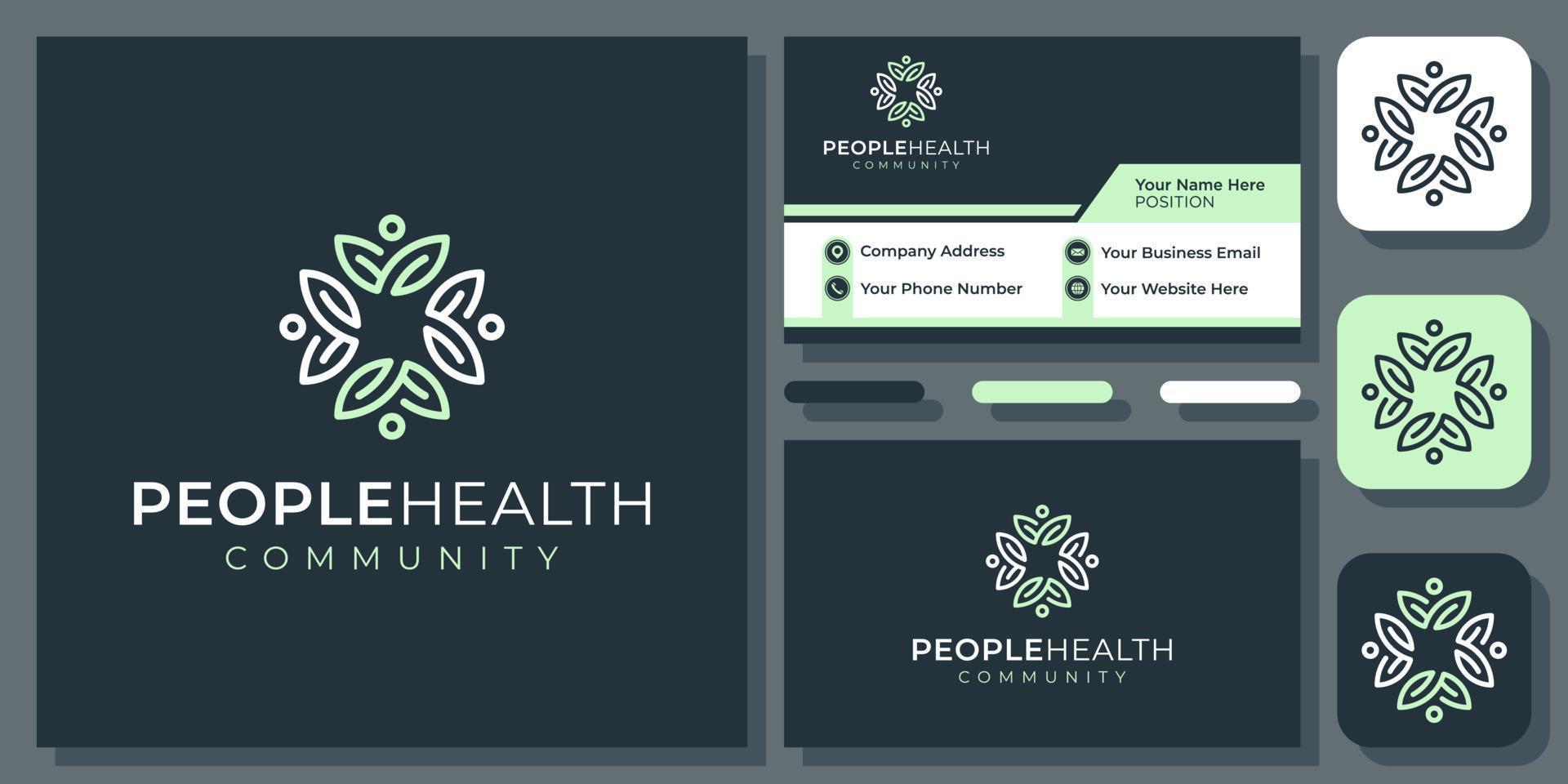 gente hoja salud comunidad familia cuidado de la salud naturaleza adornado vector logo diseño con tarjeta de visita