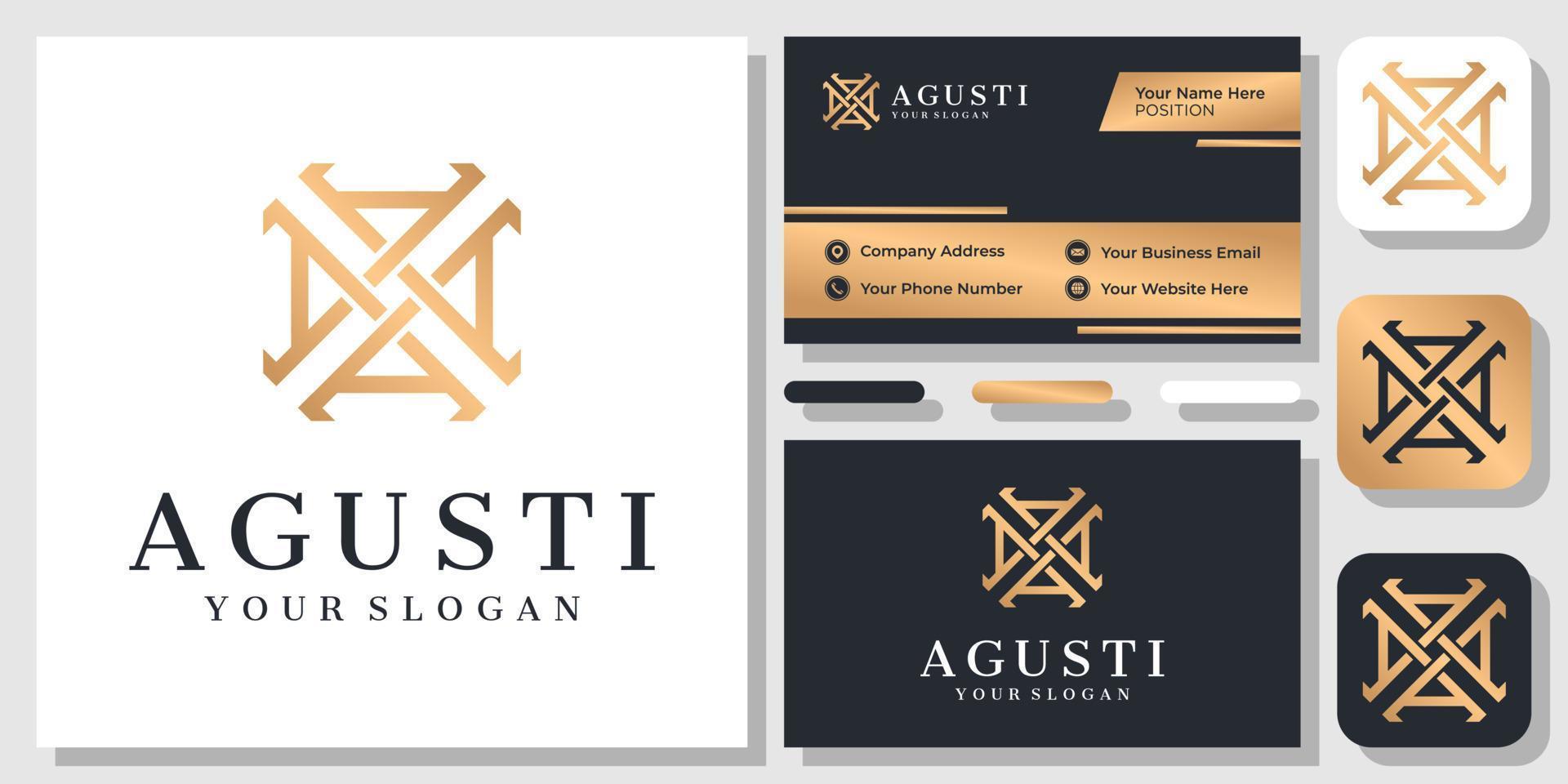 Initial Letter A Gold Luxury Square Frame Border Decoration Logo Design with Business Card Template vector