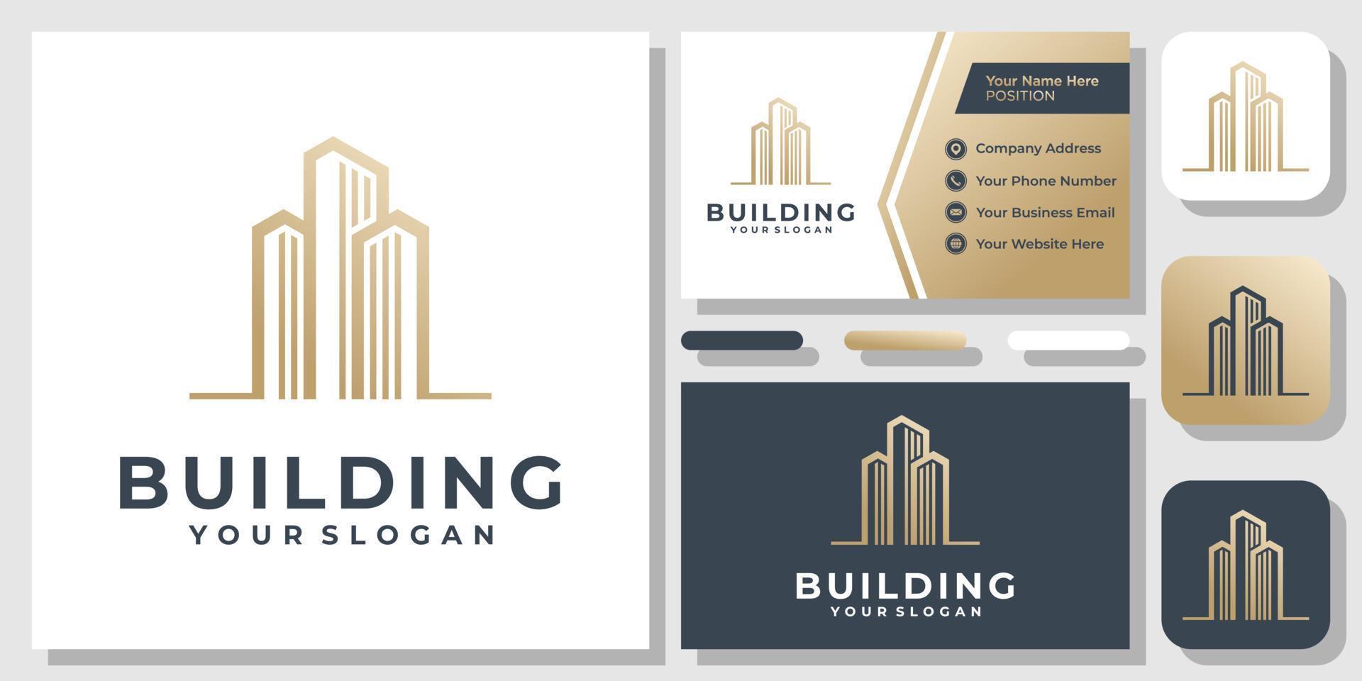 Buildings Gold Luxury Elegant City Abstract Architecture Logo Design with Business Card Template vector