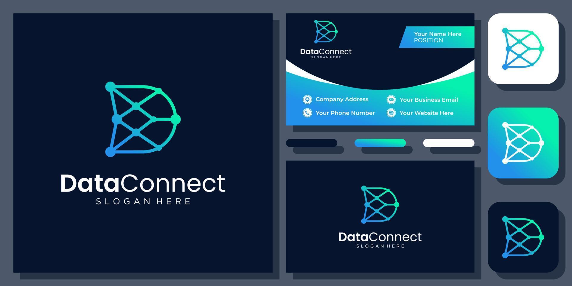 Initial Letter D Connect Technology Digital Simple Monogram Vector Logo Design with Business Card