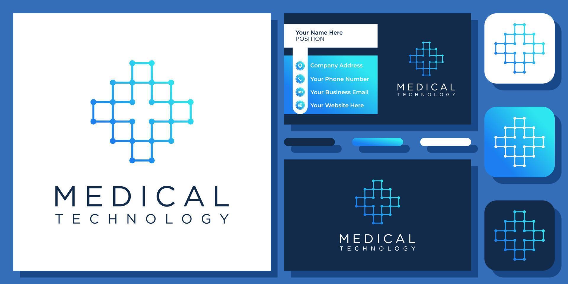 diseño de logotipo de red digital de conexión de tecnología de conexión cruzada médica con plantilla de tarjeta de visita vector