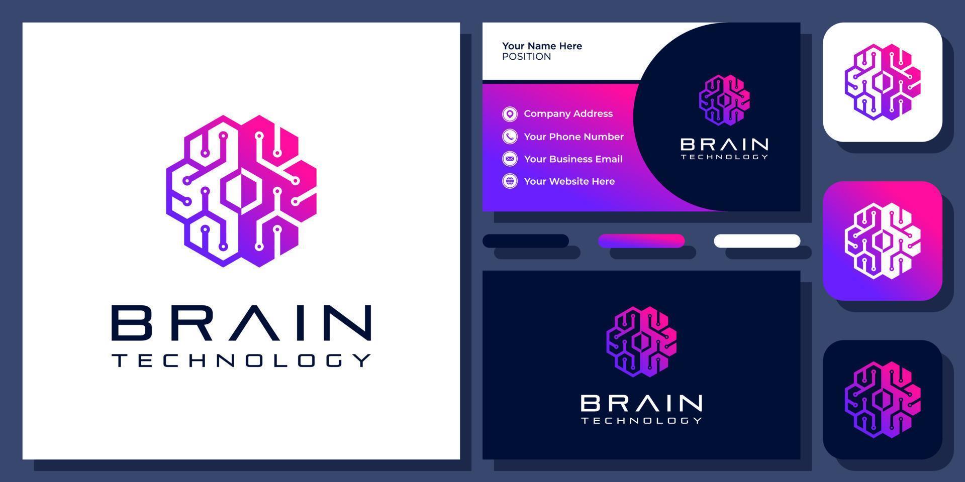 Brain Circuit Board Technology Digital Science Human Innovation Vector Logo Design with Business Card