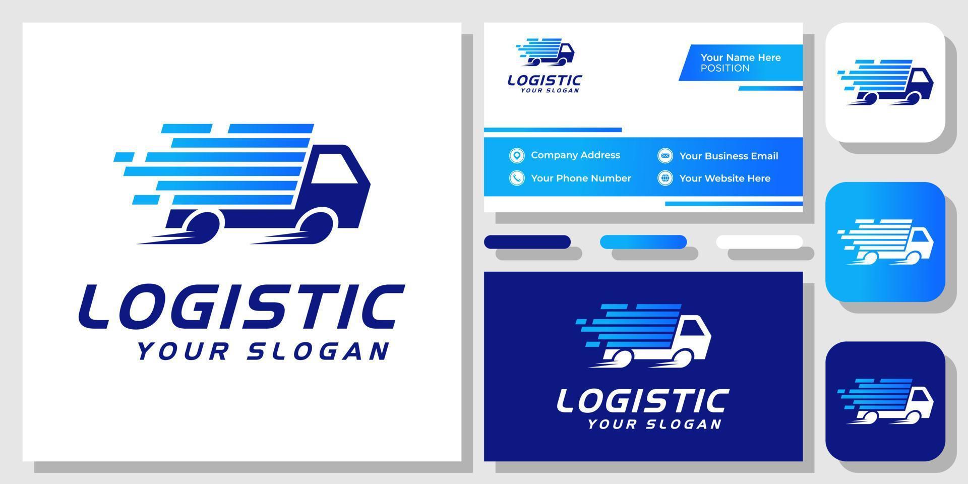 Car Box Truck Logistic Courier Delivery Shipping Express Cargo Logo Design with Business Card Template vector