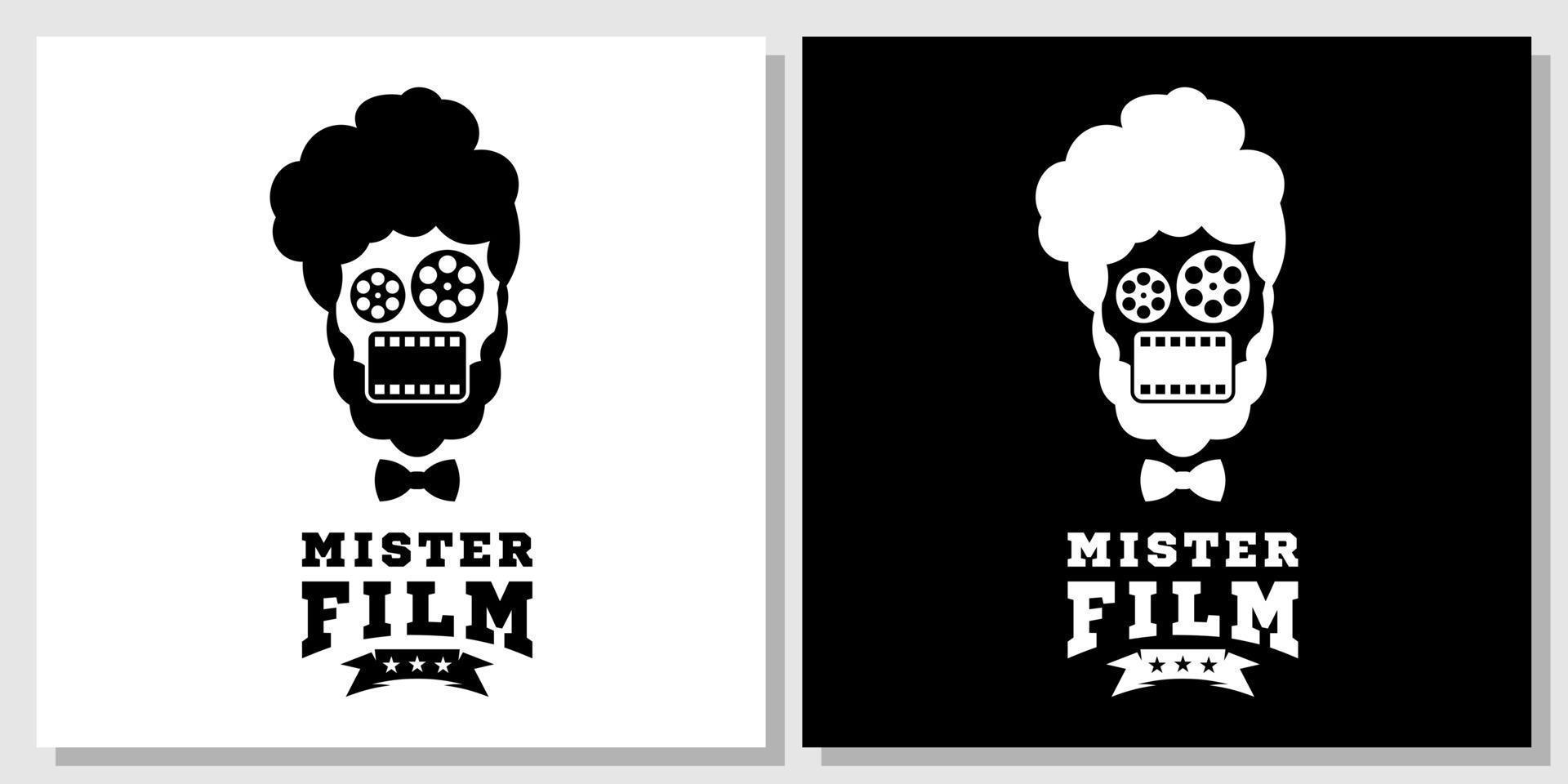 Mister Head Man Producer Film Reel Cinema Movie Retro Production Mustache People Mascot Logo Design vector