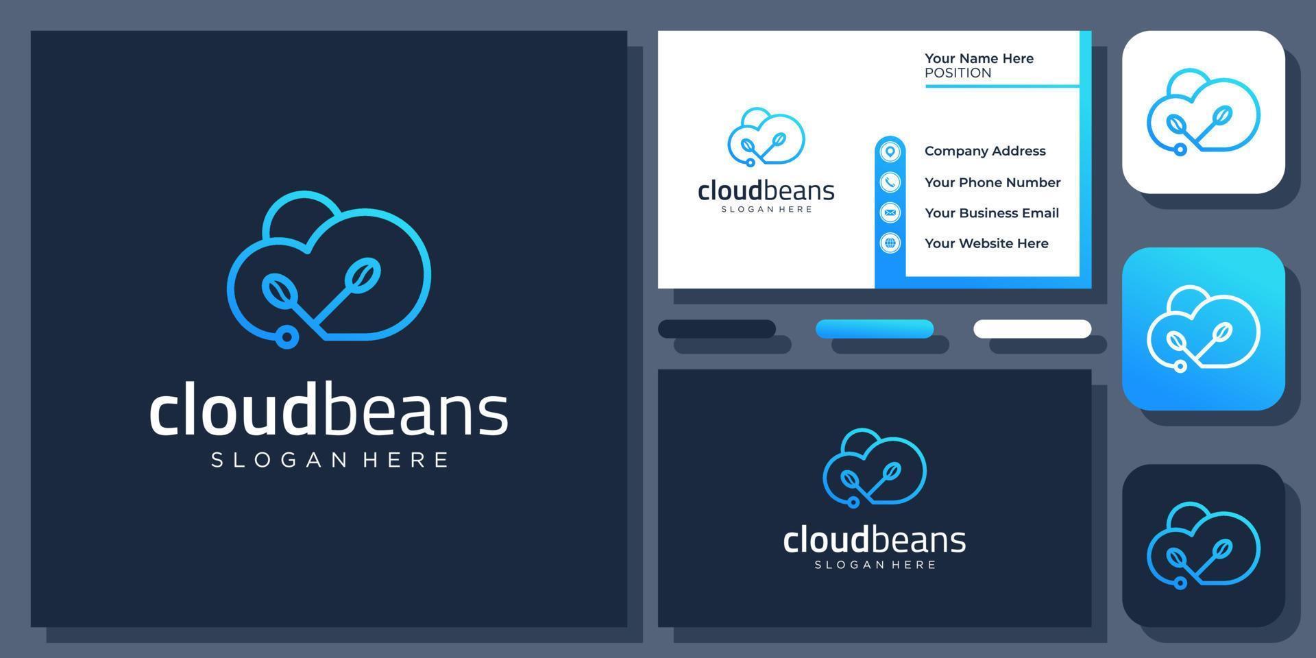 Cloud Beans Coffee Drink Technology Digital Connect Connection Vector Logo Design with Business Card