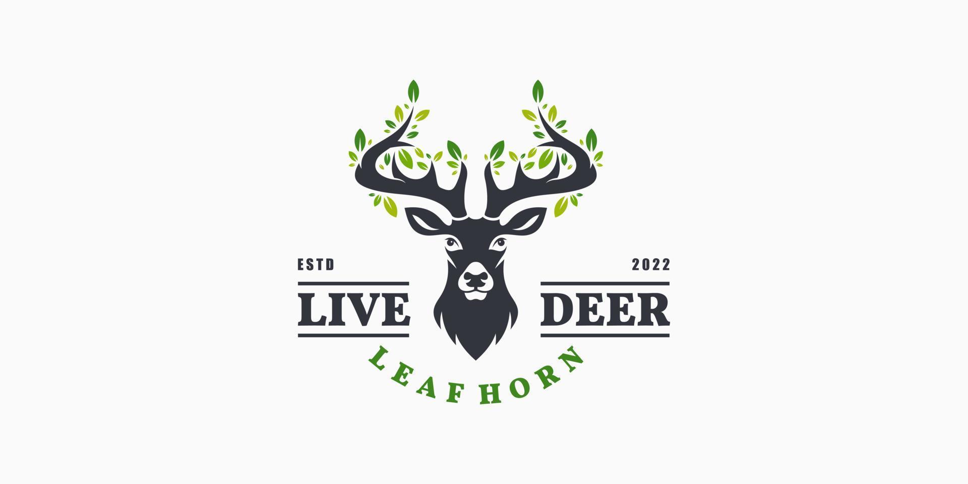 Illustration Deer with Leaf Horn Animal Antlers Plant Tree Nature Head Reindeer Vector Logo Design