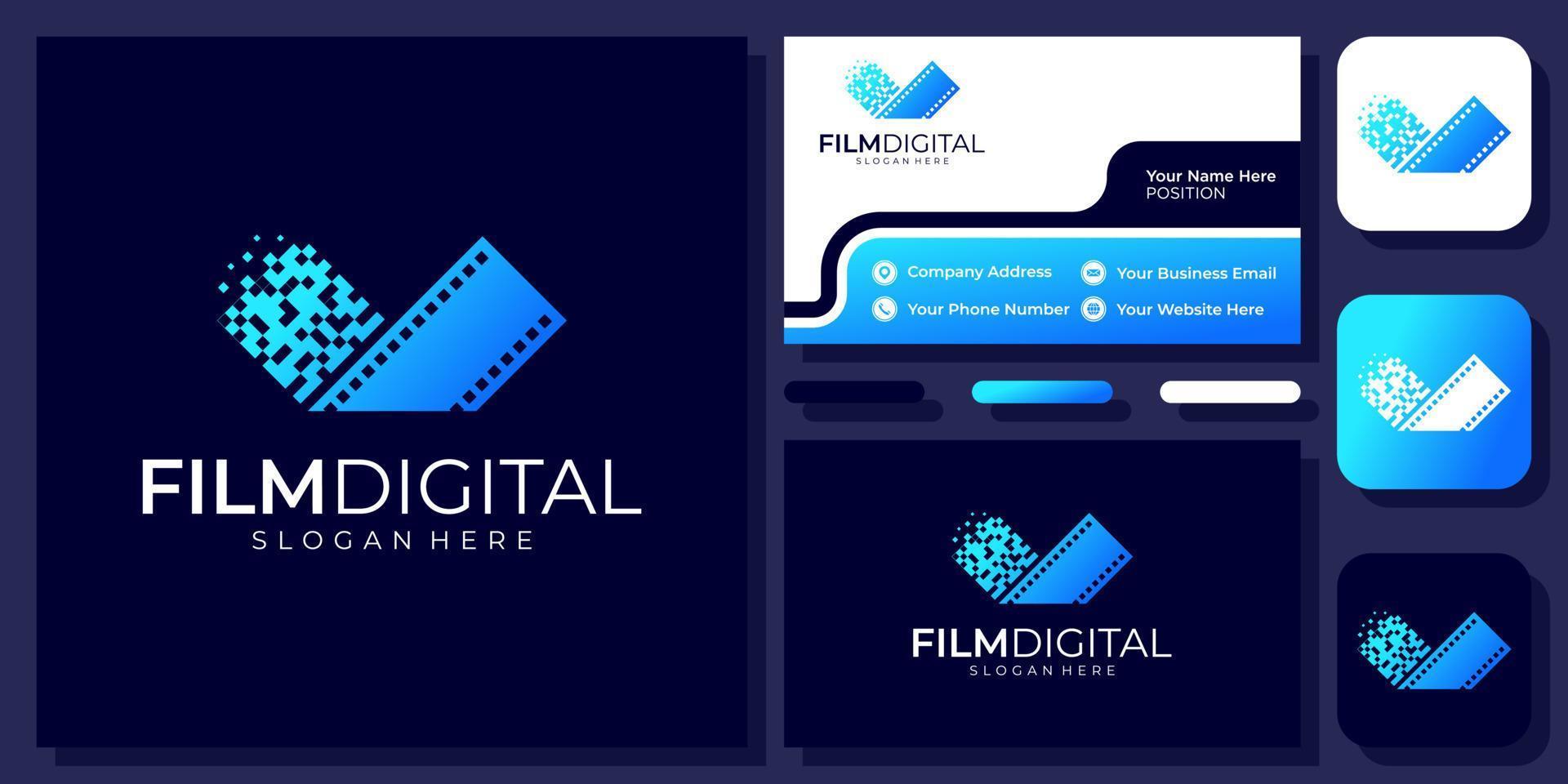 Film Digital Technology Cinema Movie Connect Connection Pixel Vector Logo Design with Business Card