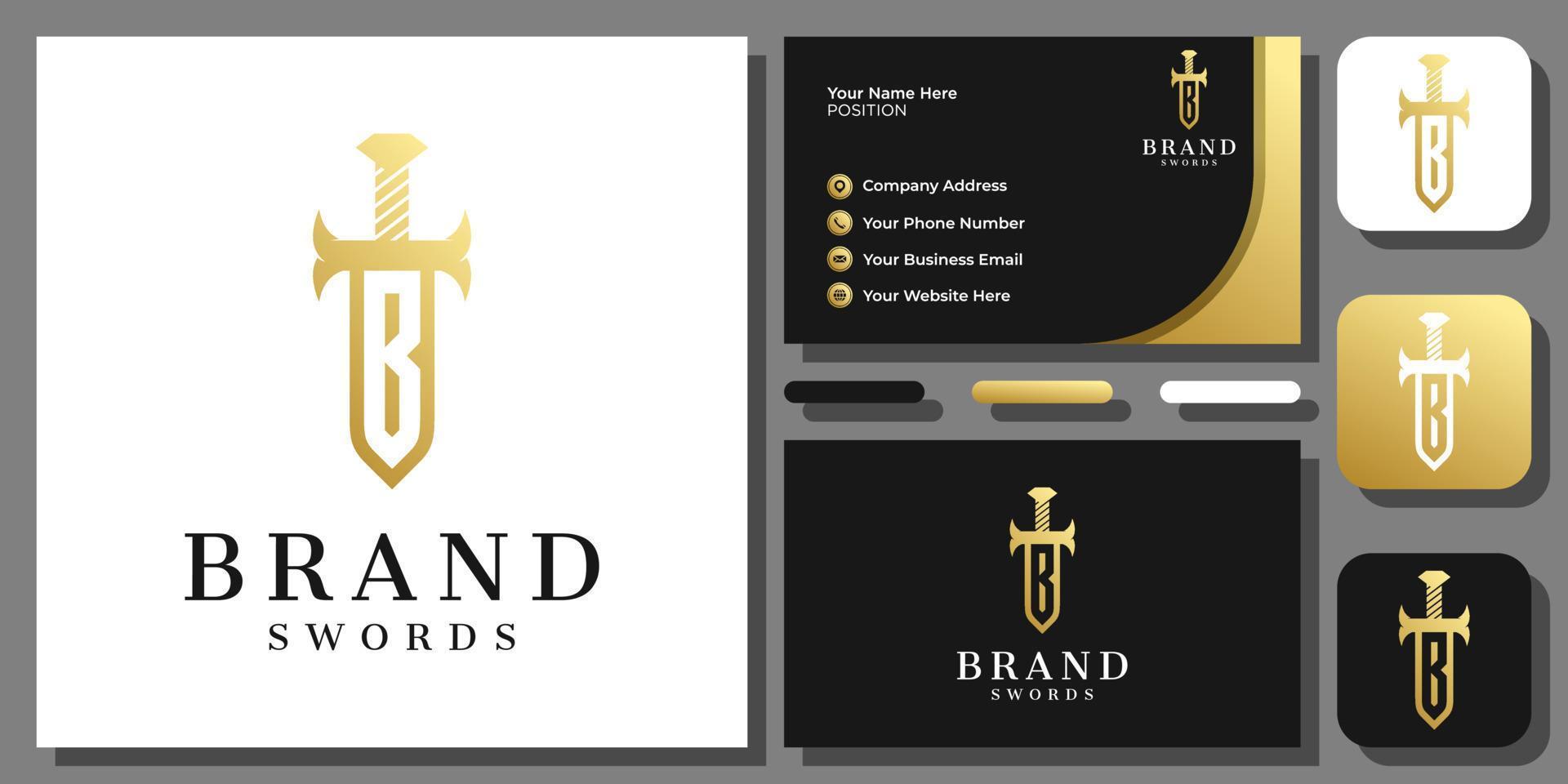 Initial Letter B Sword Gold Luxury Kingdom Knight Elegant Logo Design with Business Card Template vector