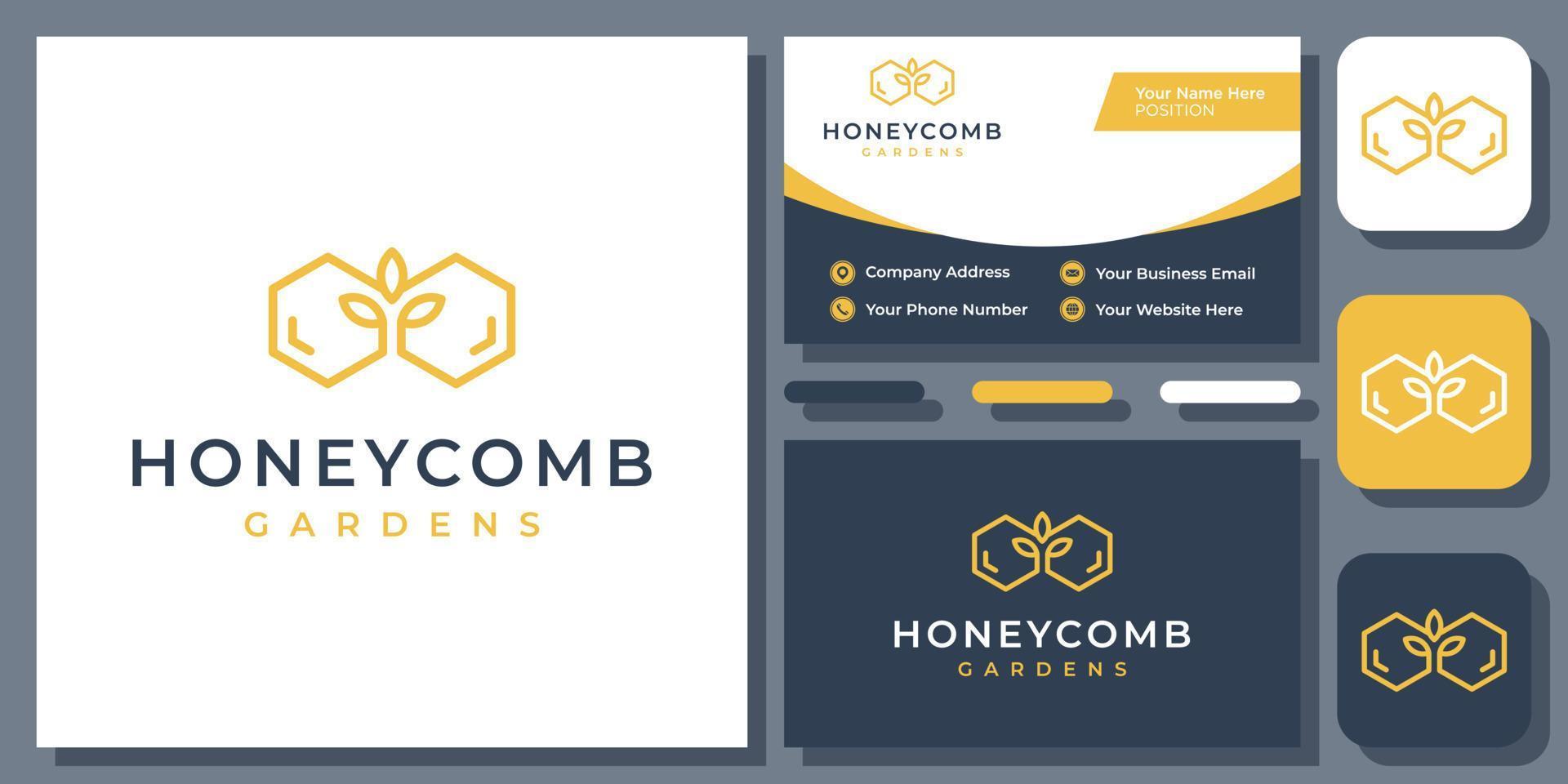 Honeycomb Leaf Beehive Farm Honey Bee Nature Organic Vector Logo Design with Business Card