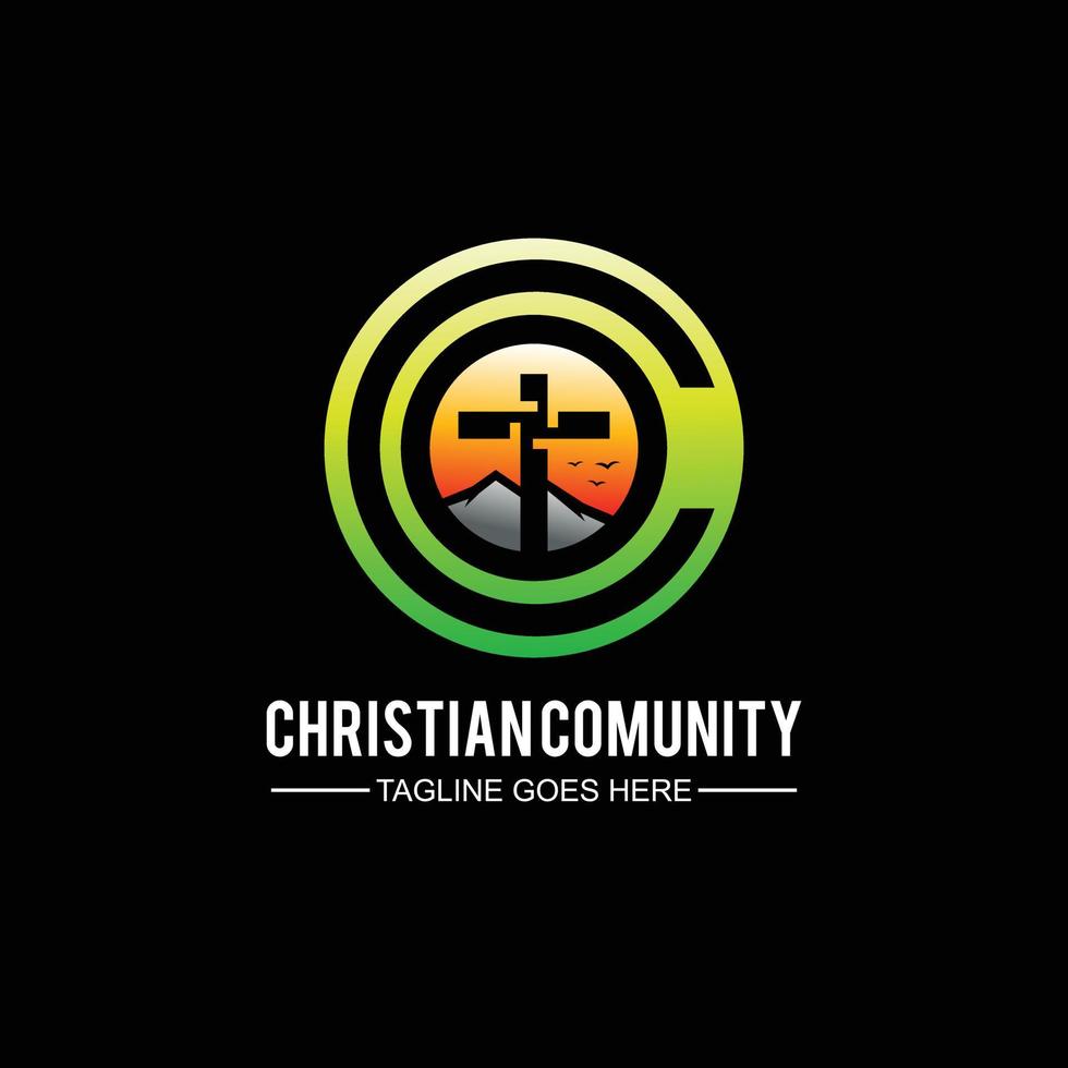 logotipo de la comunidad cristiana o iglesia con concepto c inicial cruz y montaña vector