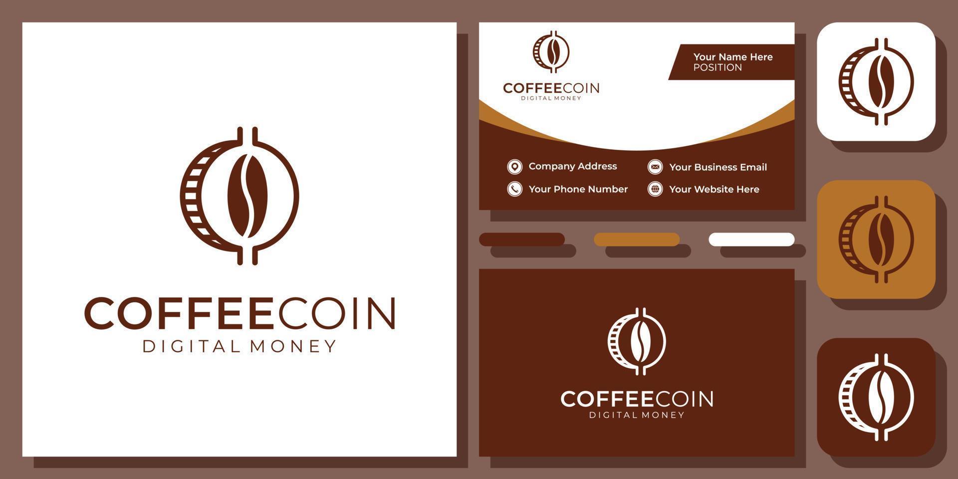 diseño de logotipo de vector de bebida de finanzas de moneda criptográfica de inversión empresarial de moneda de café con tarjeta de visita