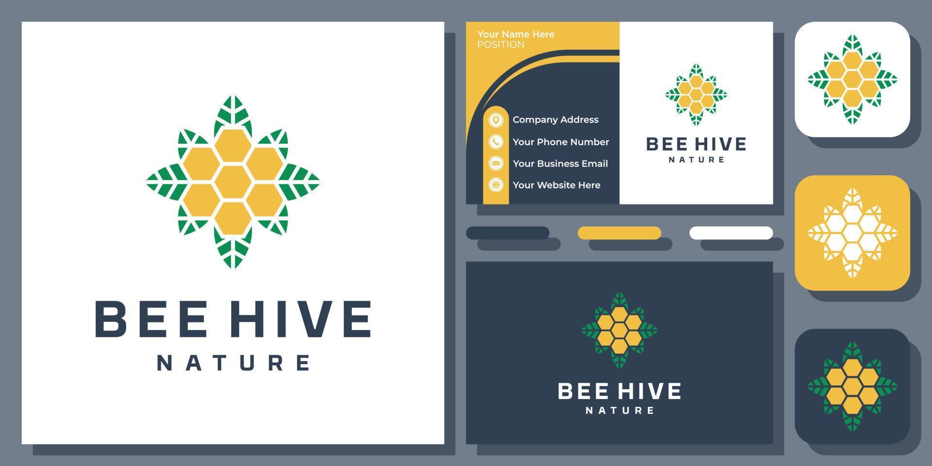 Honeycomb Leaf Ornament Bee Hive Nature Plant Flower Vector Logo Design with Business Card