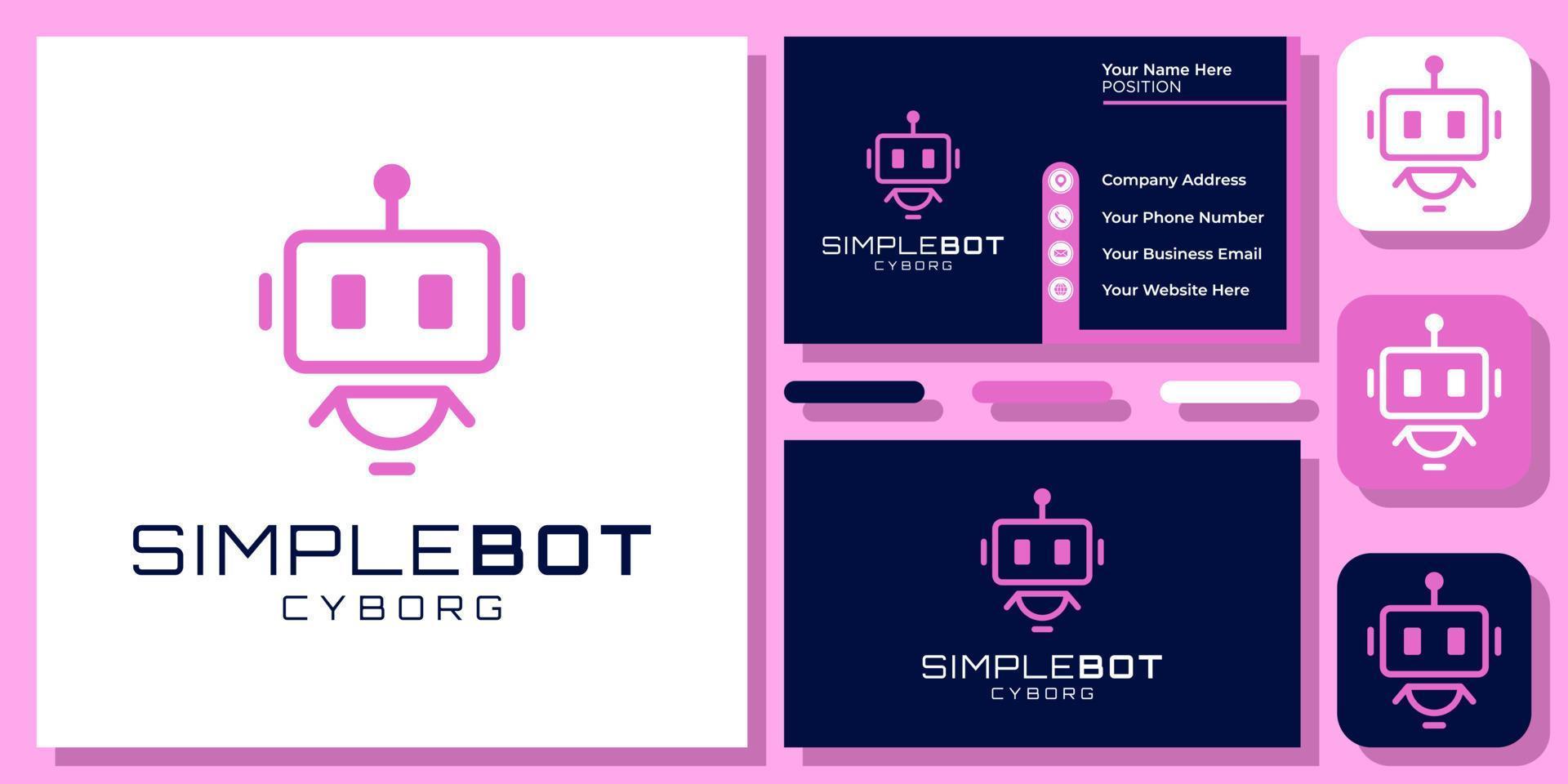 Simple Robot Bot Cyborg Machine Smart Artificial Intelligence Logo Design with Business Card Template vector