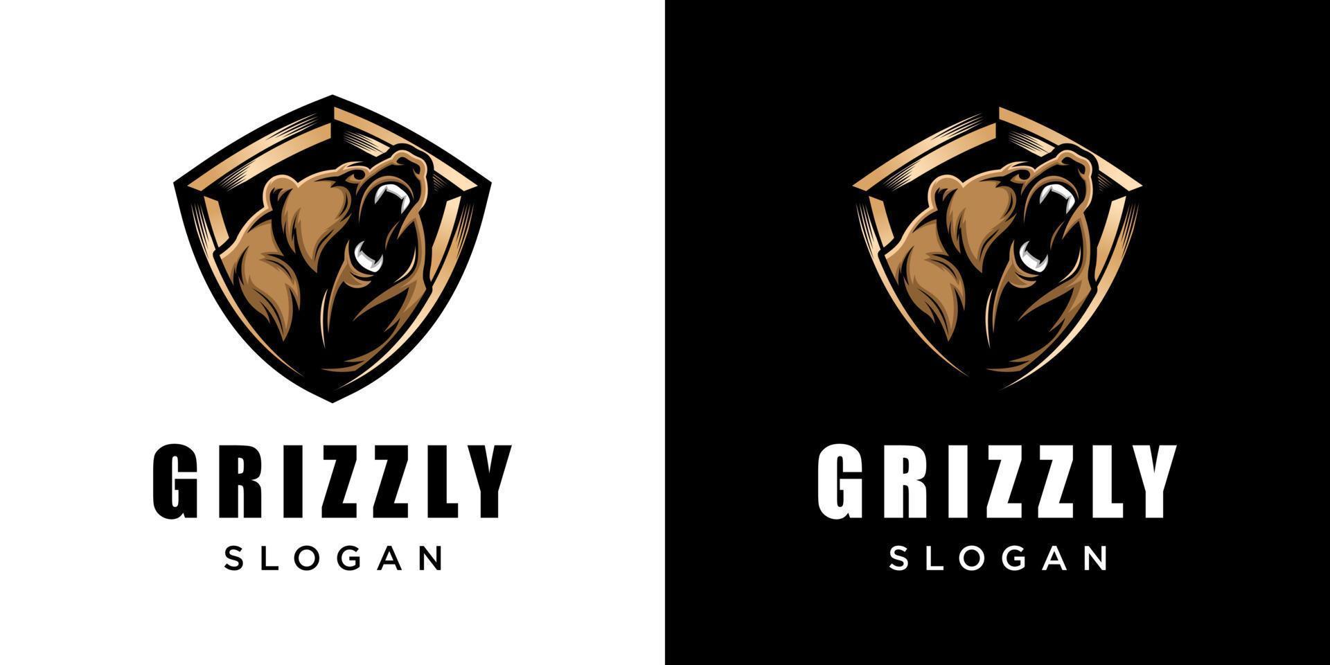 Grizzly Bear Head Animal Illustration Angry Strong Mascot with Shield Security Symbol Vector Logo Design