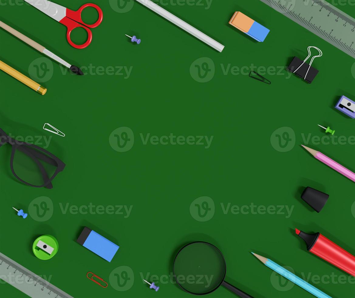 back to school supplies on green table background photo