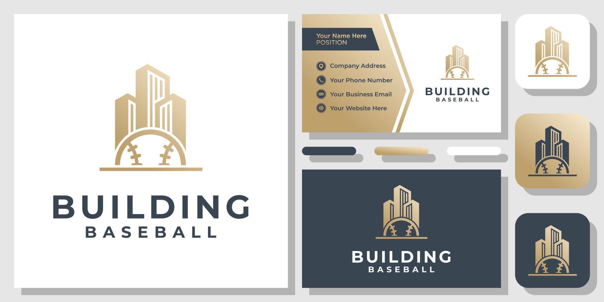 Buildings Ball Baseball Apartment Sport Field Architecture Logo Design with Business Card Template vector