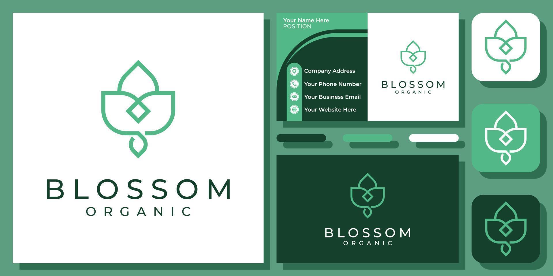 Blossom Plant Simple Flower Nature Green Leaf Minimal Modern Logo Design with Business Card Template vector