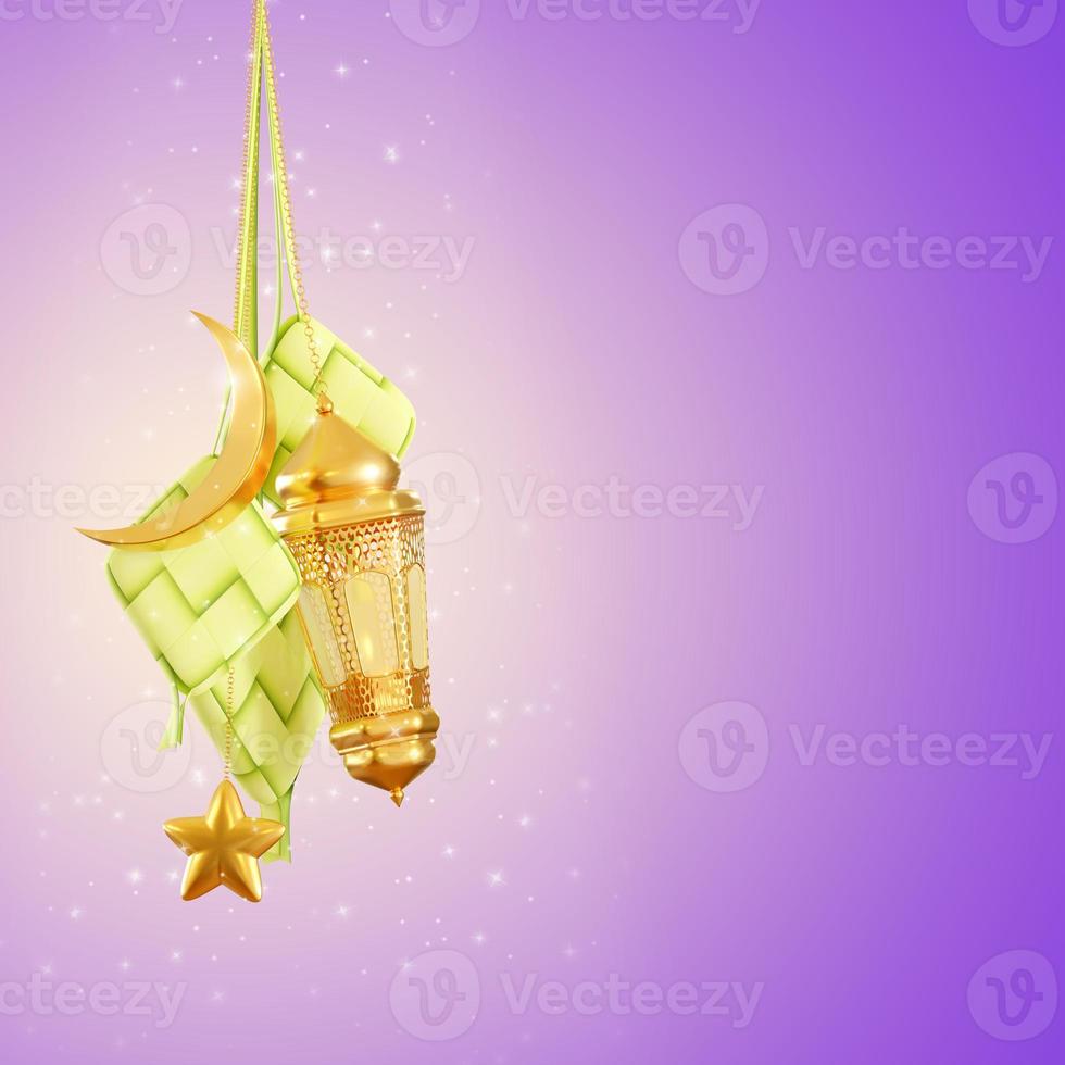 islamic ramadan kareem and eid al fitr with golden lantern and ketupat photo