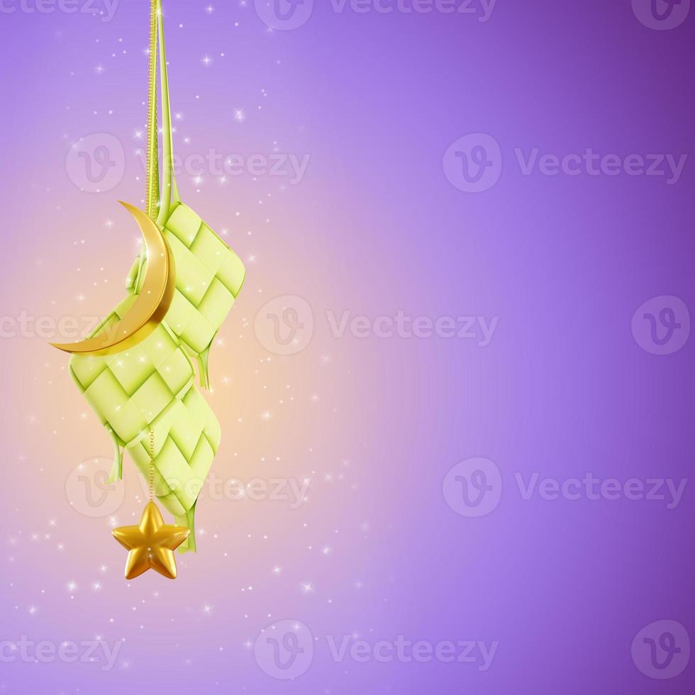 islamic ramadan kareem and eid ketupat with golden moon photo