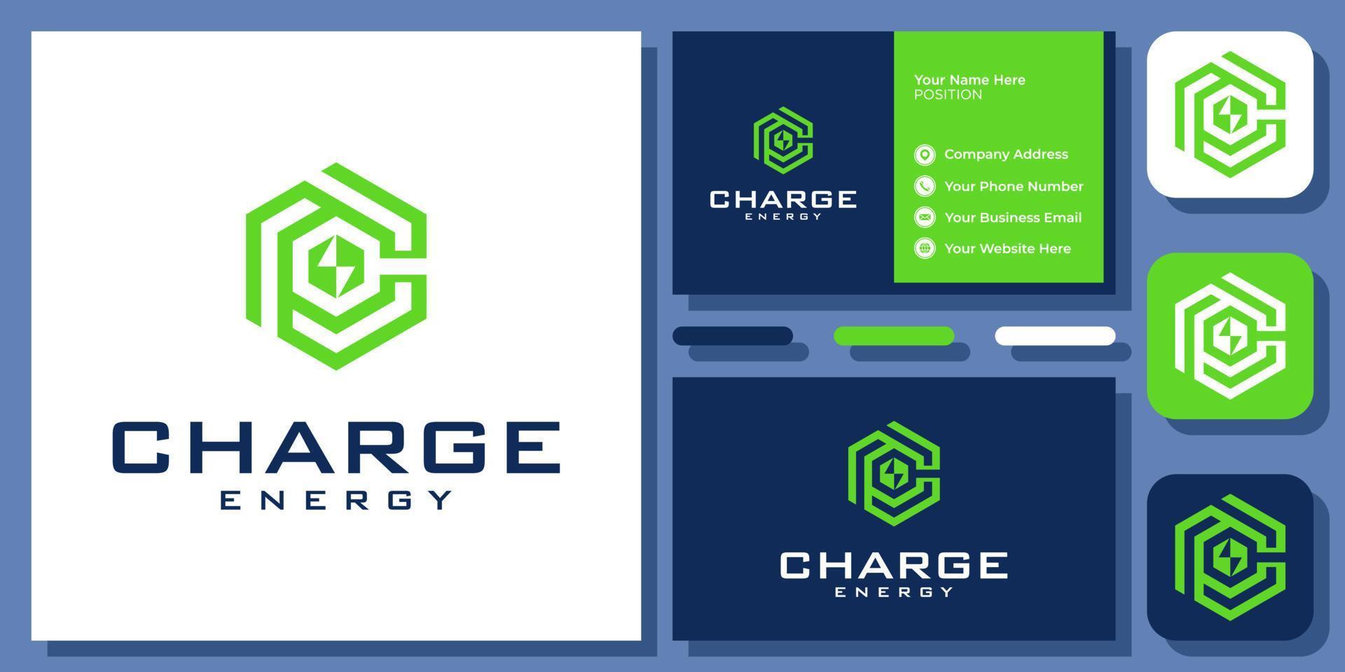 Initial Letter C Charge Energy Battery Power Electric Hexagon Vector Logo Design with Business Card