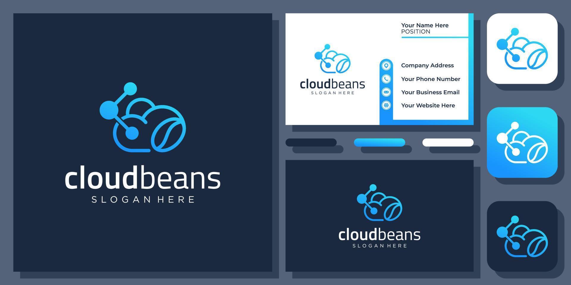 Cloud Beans Coffee Drink Technology Digital Connect Connection Vector Logo Design with Business Card