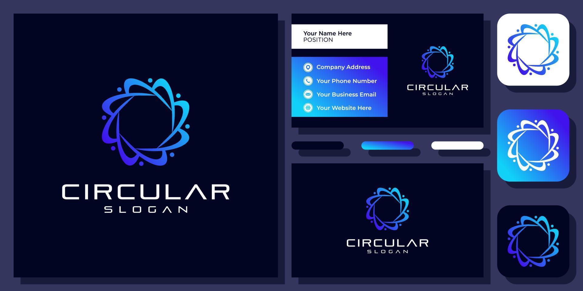 Átomo circular molécula química ciencia tecnología vector digital diseño de logotipo con tarjeta de visita